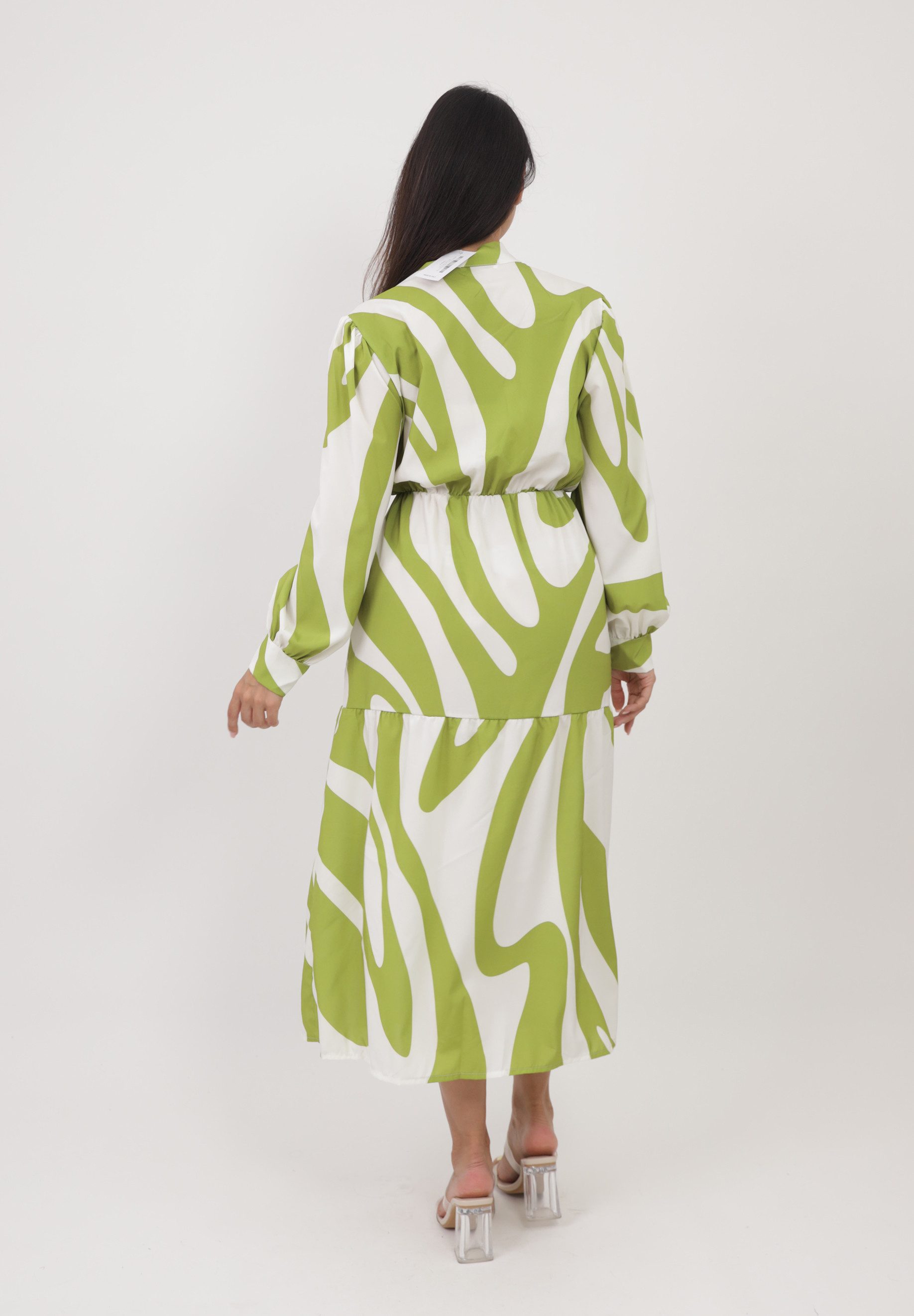 Elara Maxikleid — Damen Hemdblusenkleid in Midilänge mit Muster und Taillenzug