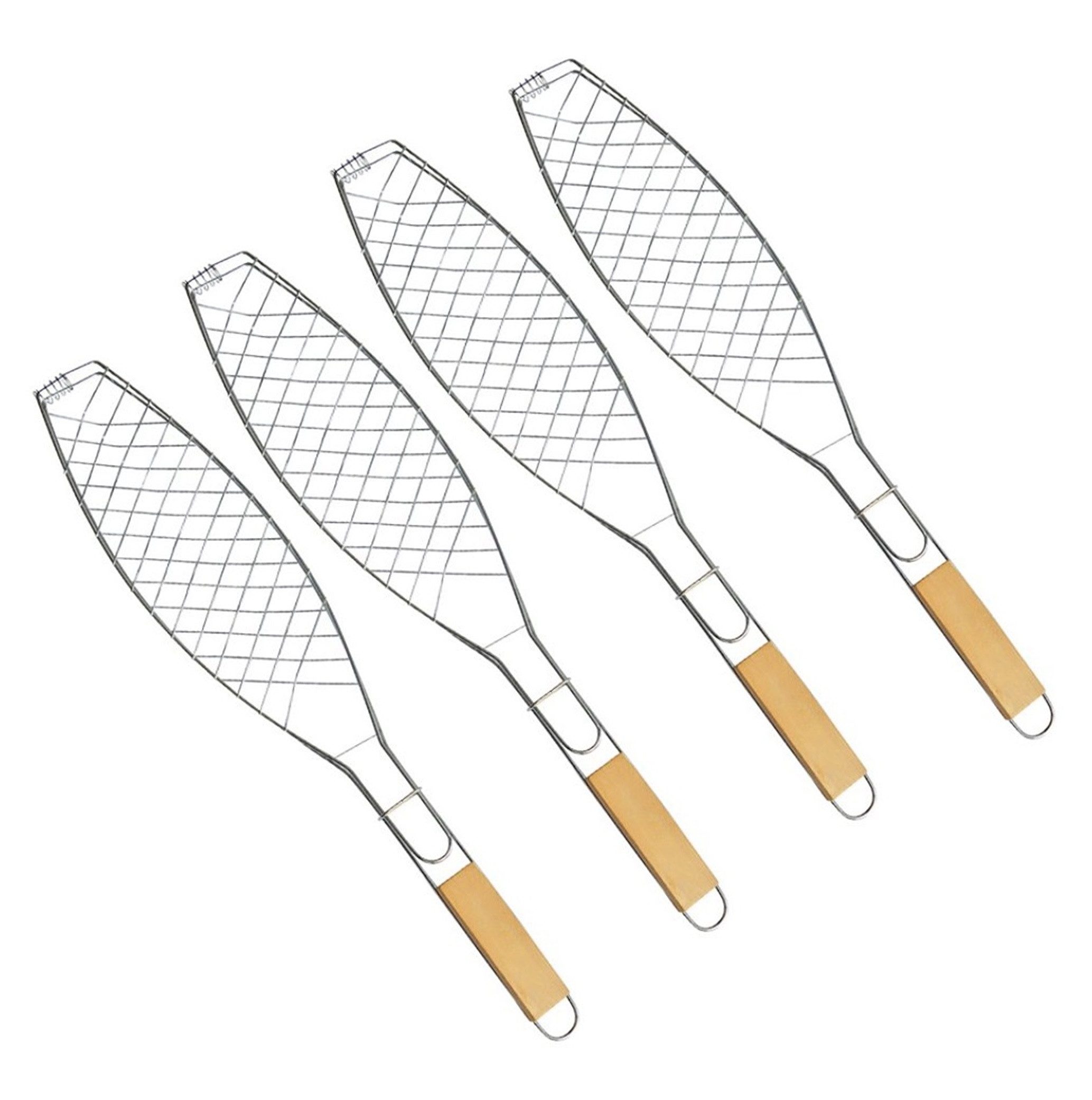 BAYLI Grillspieß 4er Set Fischbräter, 36 x 15 cm Fischgriller mit Holzgriff, Fischko