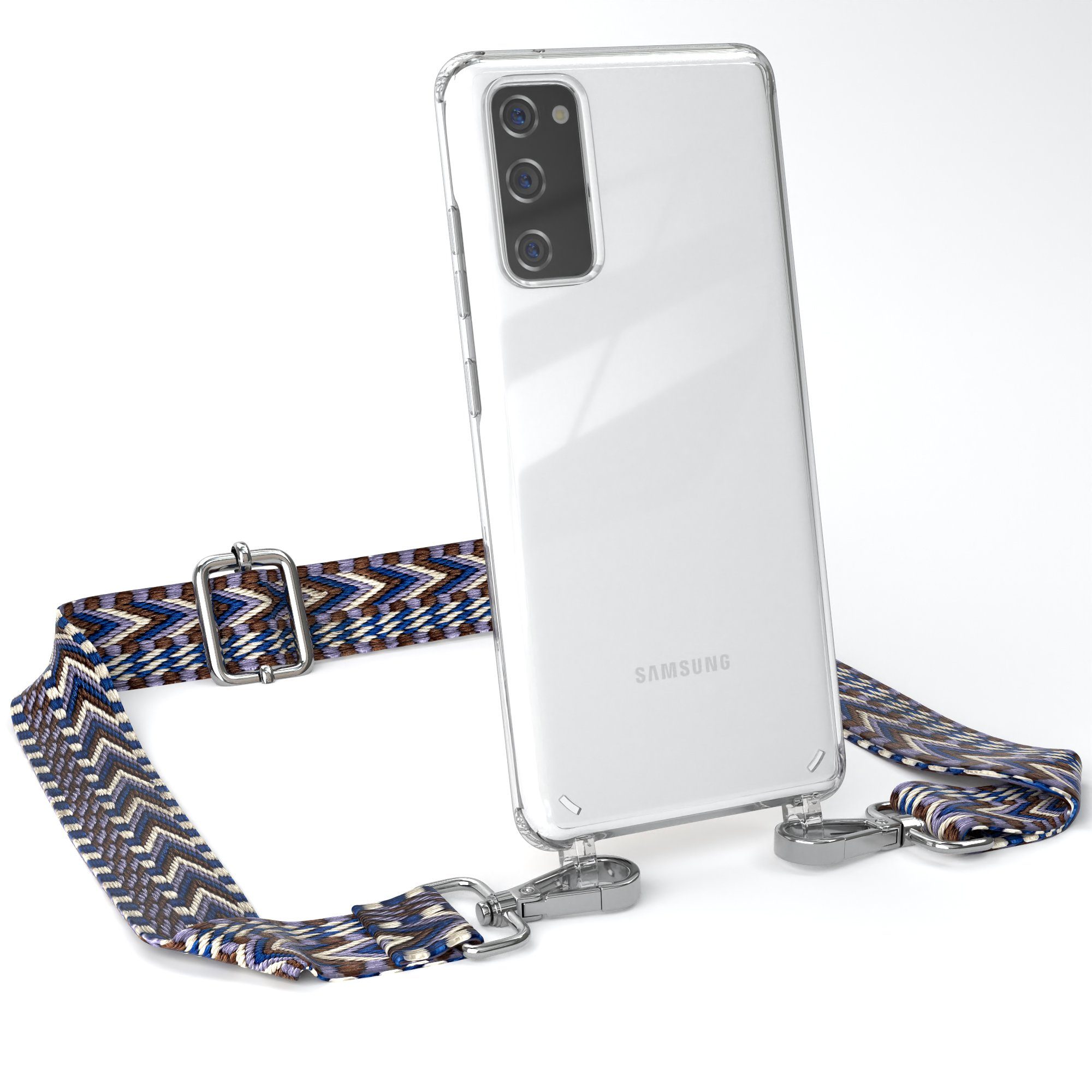 EAZY CASE Handykette Boho Umhängeband für Samsung Galaxy S20 FE / 5G 6,2 Zoll, Handyband zum Wechseln geflochtenes Taschenband Festivalbag Boho Blau