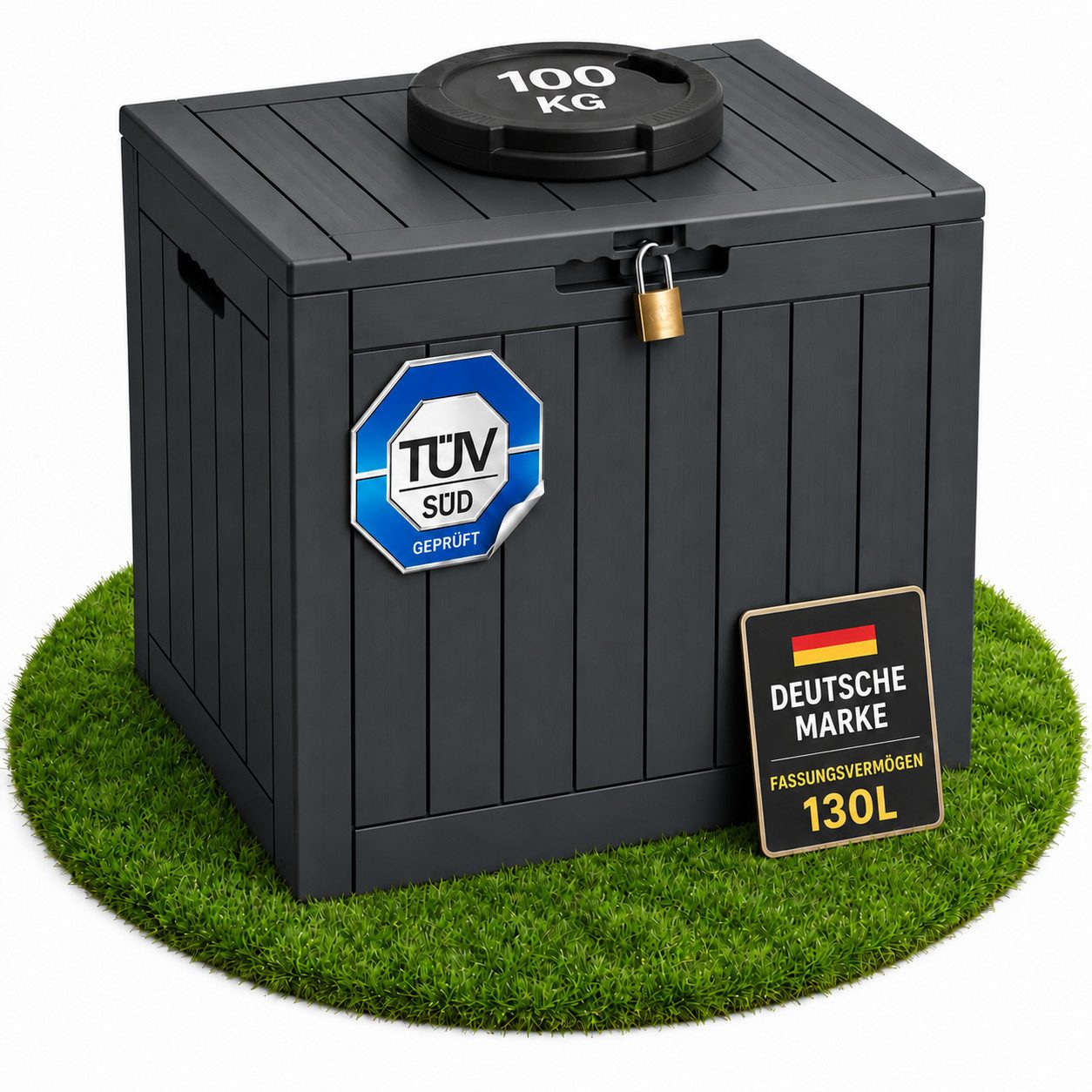 ONDIS24 Gartenbox City Cube Holzoptik Kissenbox Poolbox Sitztruhe 110L, UV,- und witterungsbeständig, abschließbar