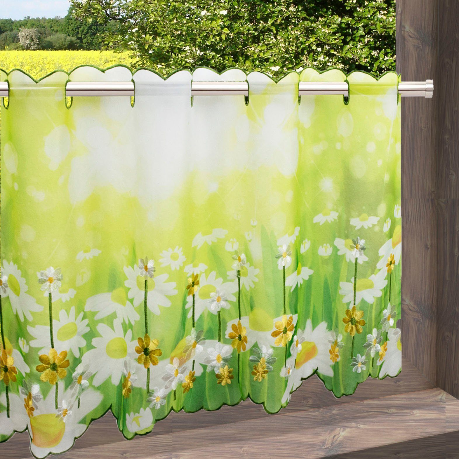 Delindo Lifestyle Scheibengardine Margeriten (1 St), Stangendurchzug, transparent, Voile, zwei Größen