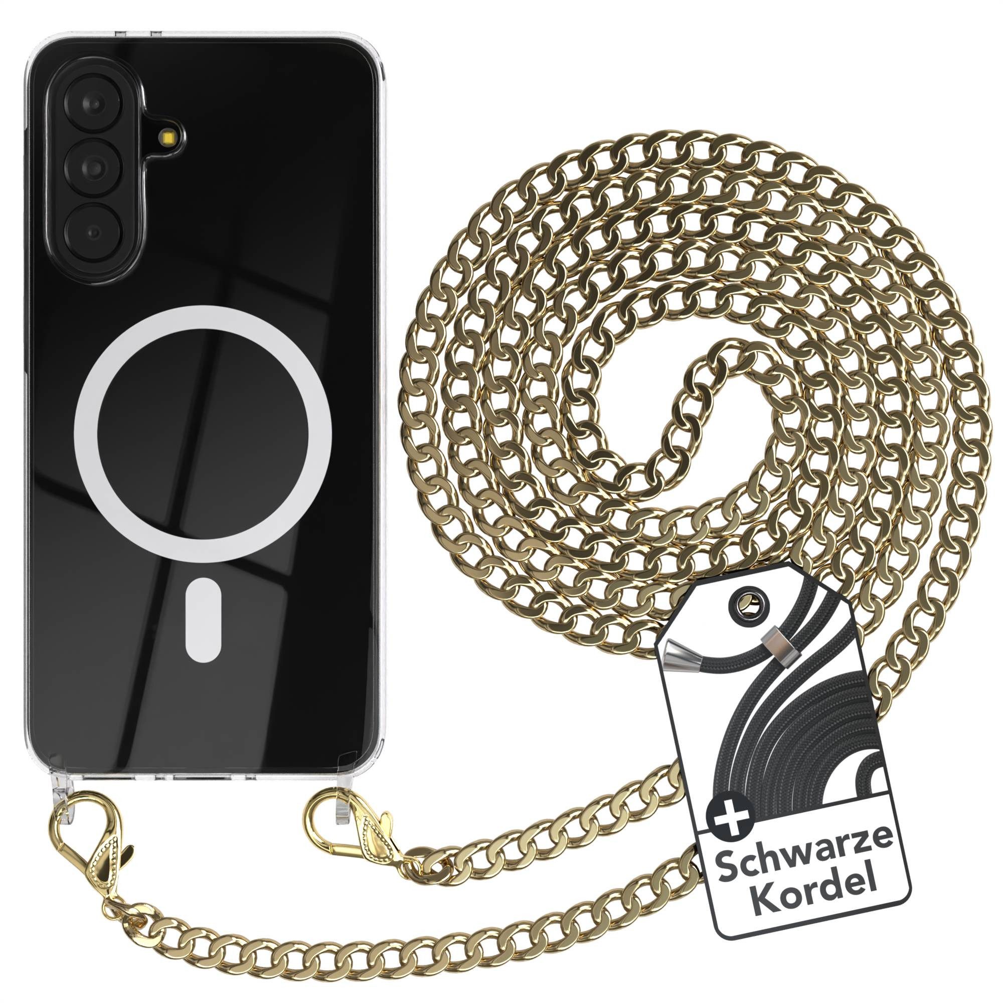 EAZY CASE Handykette Metall mit MagSafe Hülle für Samsung Galaxy A37 6,7 Zoll, Handyhülle Transparent Smartphonekette für Unterwegs Necklace in Gold