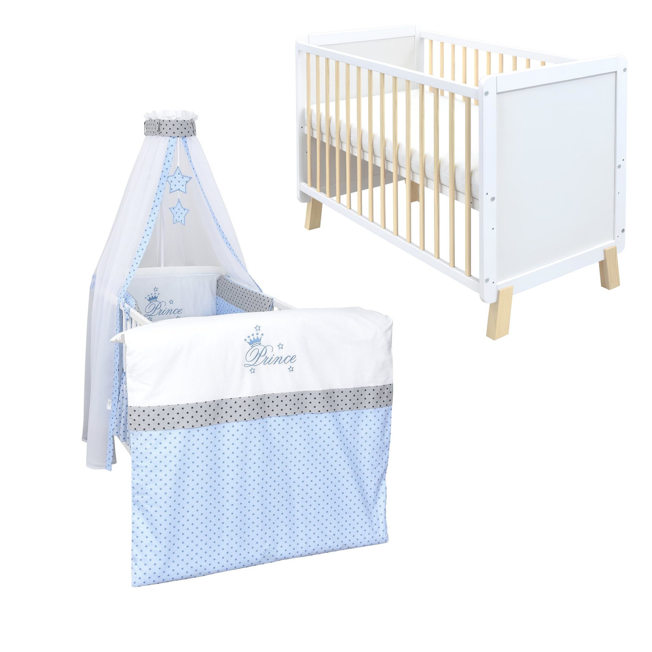 Baby-Delux Komplettbett Babybett Lou Komplettset Weiß Natur, 10-tlg., Kinderbett 60x120 cm Bettset verschiedene Designs