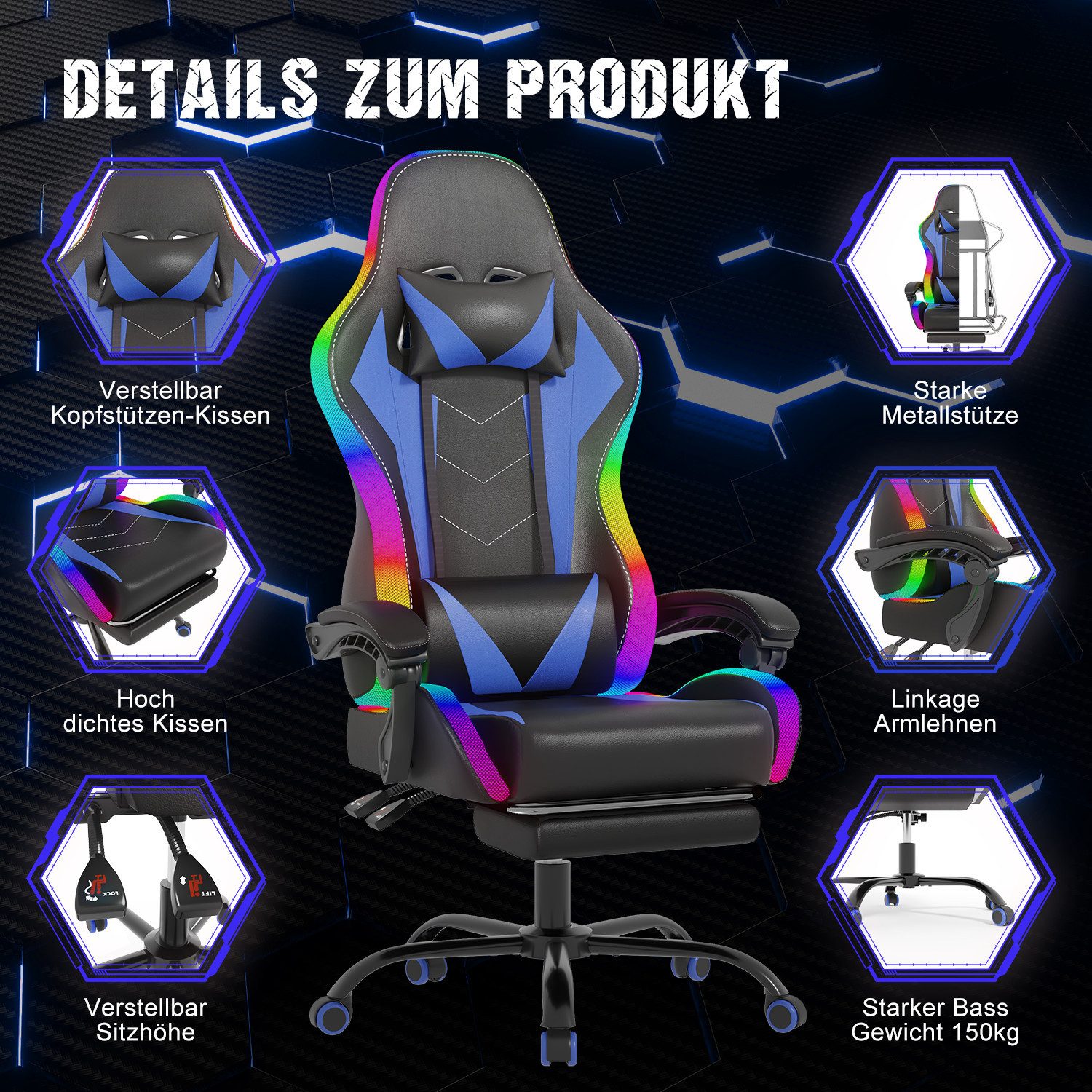 HOMALL Gaming-Stuhl mit LED,Ergonomisch,Fußstütze,computerstuhl,gaming stuhl mit massage (Die LED-Beleuchtung ist einstellbar, das Massagekissen für den Rücken ist beweglich), Ergonomischer Bürostuhl,Kopfstütze und Lendenstütze