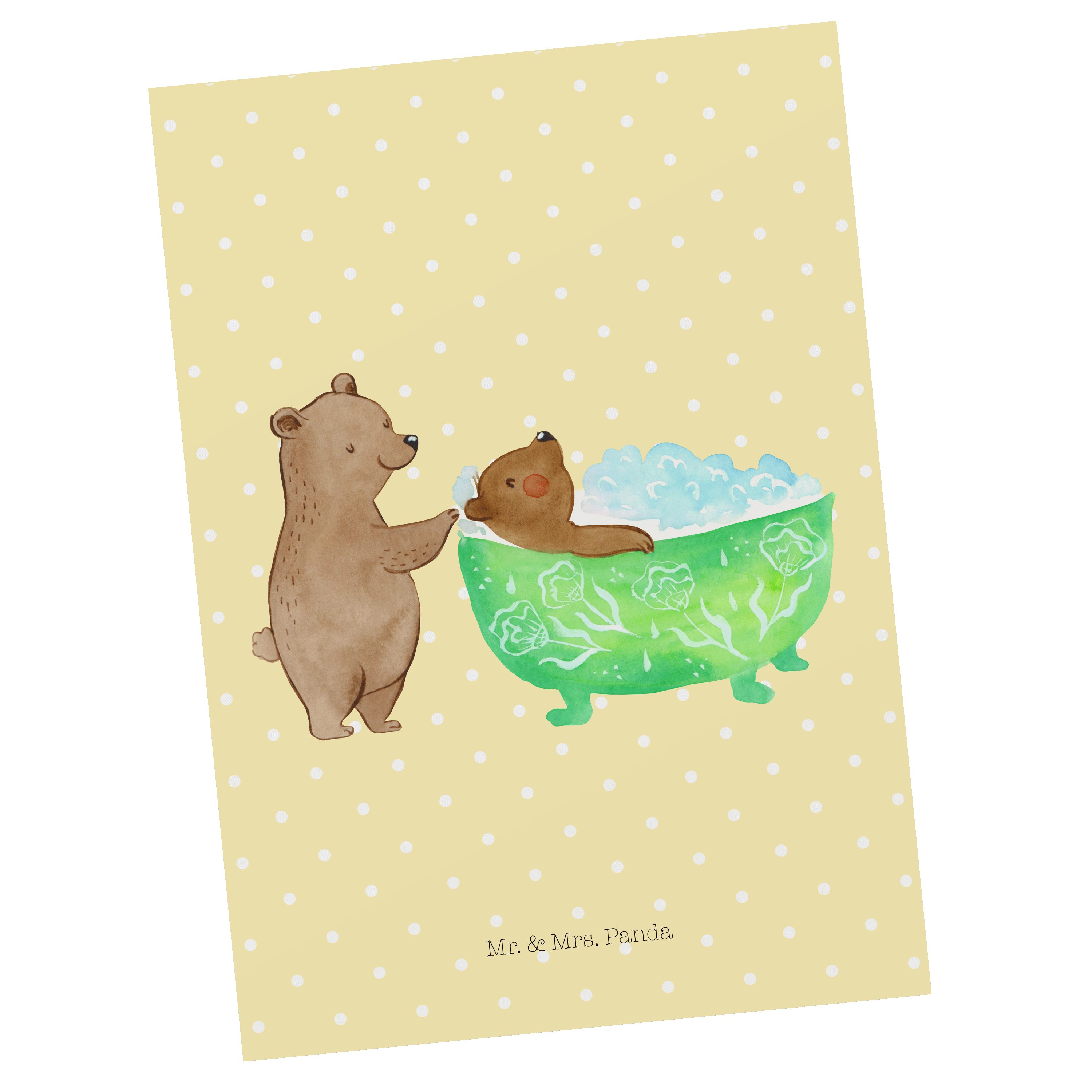 Mr. & Mrs. Panda Postkarte Urlaub, Ei Oma Baden, - Pastell badet Geschenkkarte, Geschenk, Gelb 
