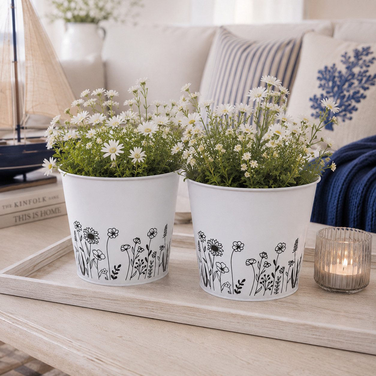 finehomegarden Übertopf Blumentopf Metall mit Blumenmotiv Weiß Pflanztopf Ø14cm H13cm (Set, 2 St., 2er-Set), Ø16x H15cm Übertopf für Zimmerpflanzen, 2Größen wählbar