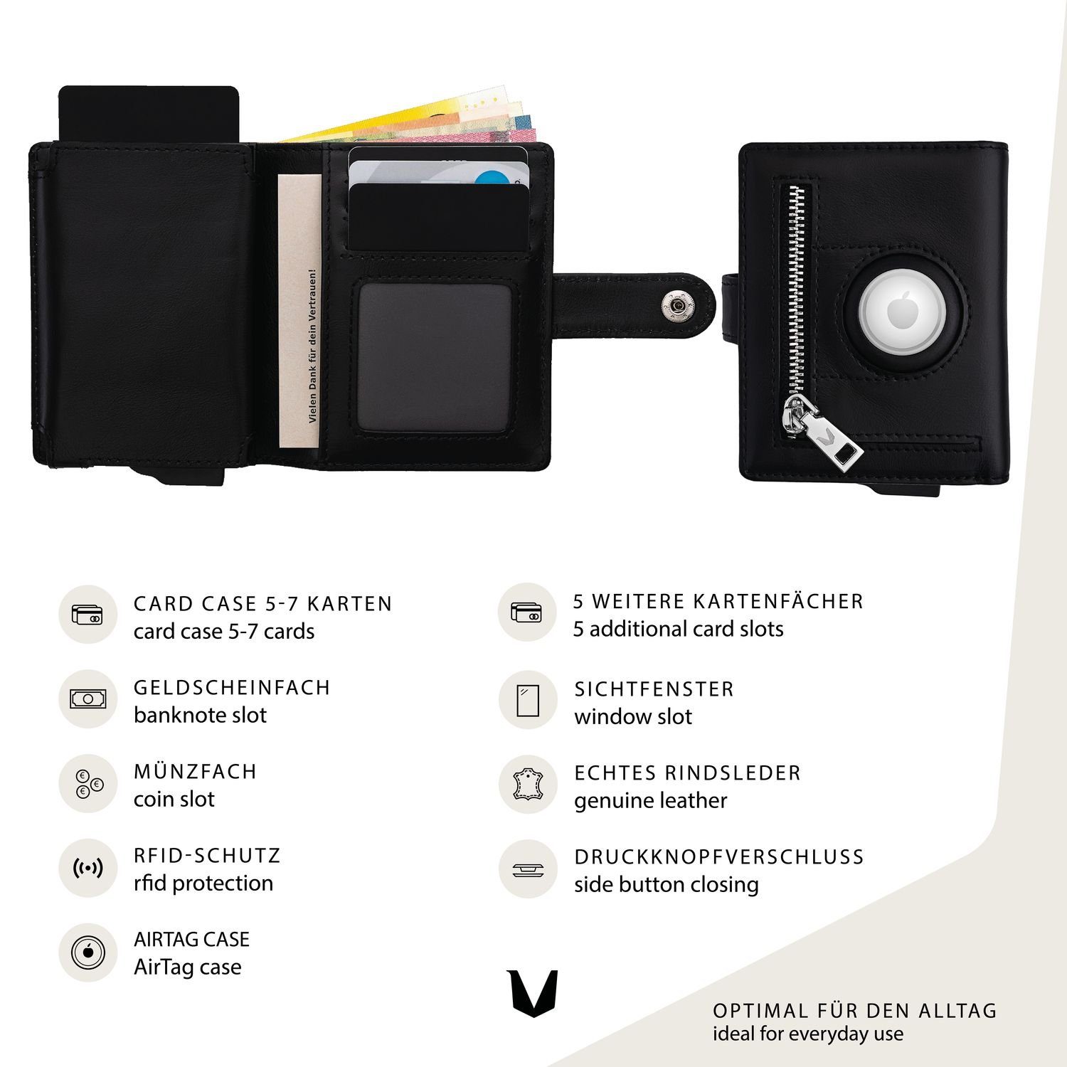 Geldbörse Cognac NAGA (inkl. Geschenkbox, Kartenschieber, Fundservice), MAGATI echtes Mini RFID-Schutz, AIR Geldscheinfach Rindsleder, Optionaler