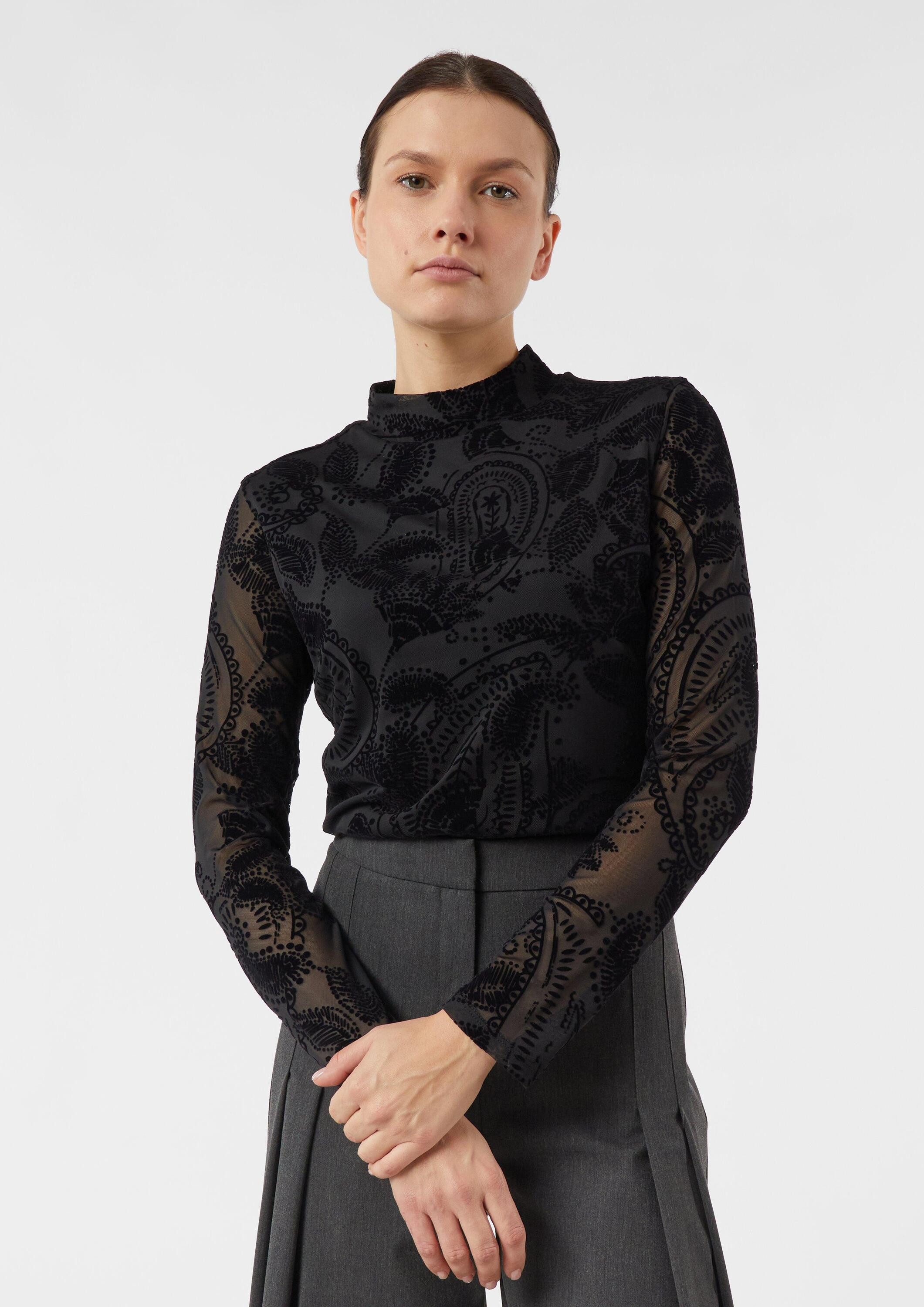 comma Langarmshirt T-Shirt Meshshirt mit floralem Samtdruck günstig online kaufen