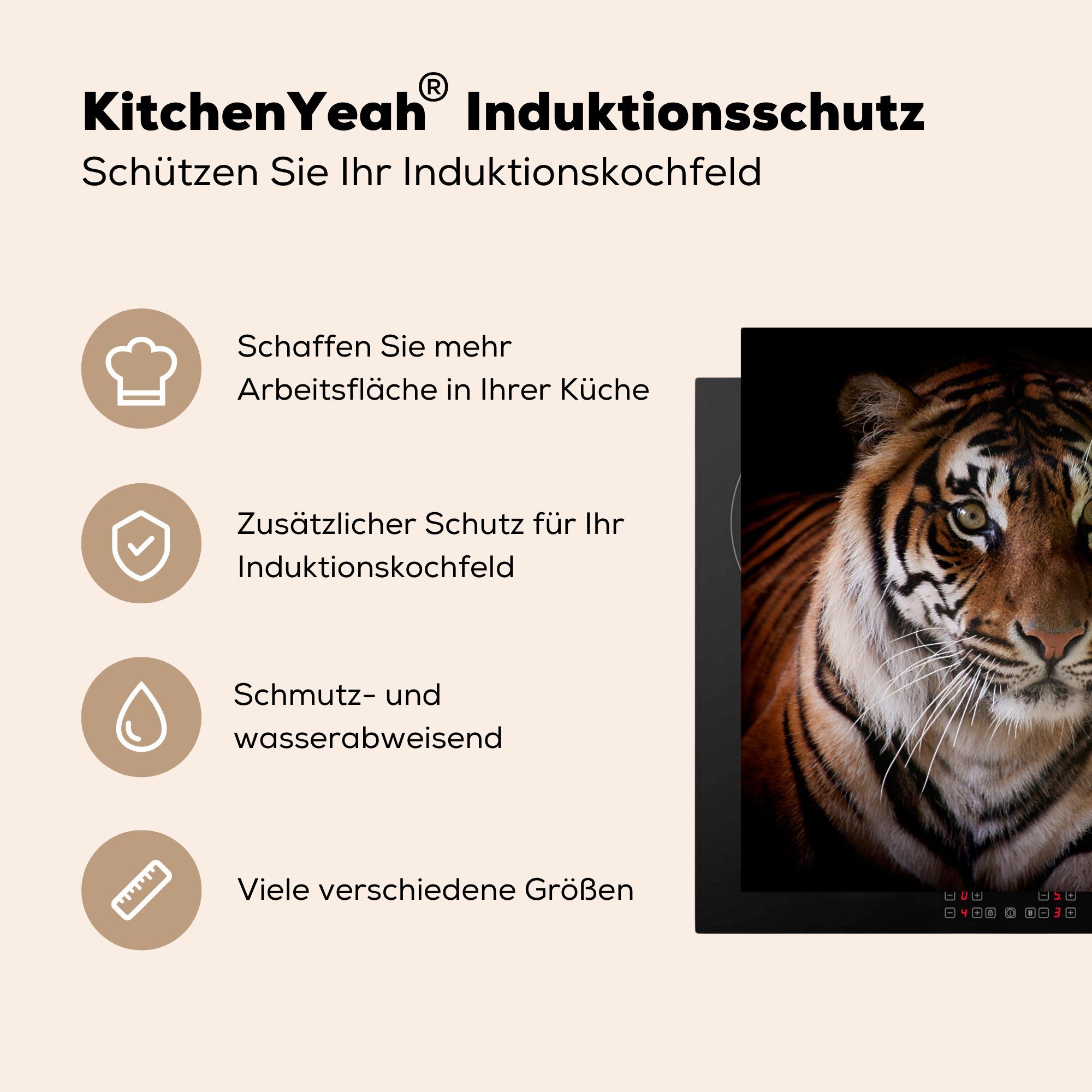 MuchoWow cm, Tiger - - für küche Arbeitsplatte Vinyl, Kopf tlg), Herdblende-/Abdeckplatte Ceranfeldabdeckung, Schwarz, (1 78x78