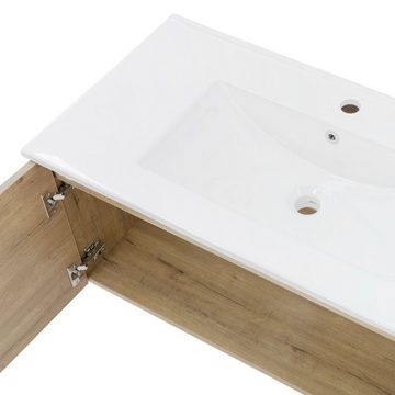 LuxeBath Waschbecken Badmöbel Unterschrank Waschbecken Badezimmermöbel Badmöbel, 2-teilig 89x45x42cm MDF Roteiche Keramik Weiß modern