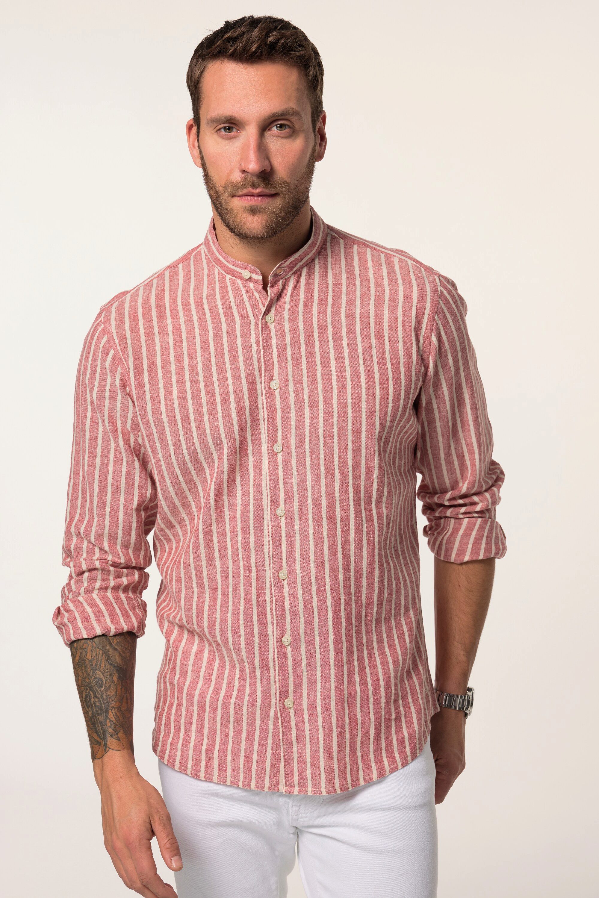 Businesshemd Hemd Langarm Leinenmix Stehkragen Modern Fit