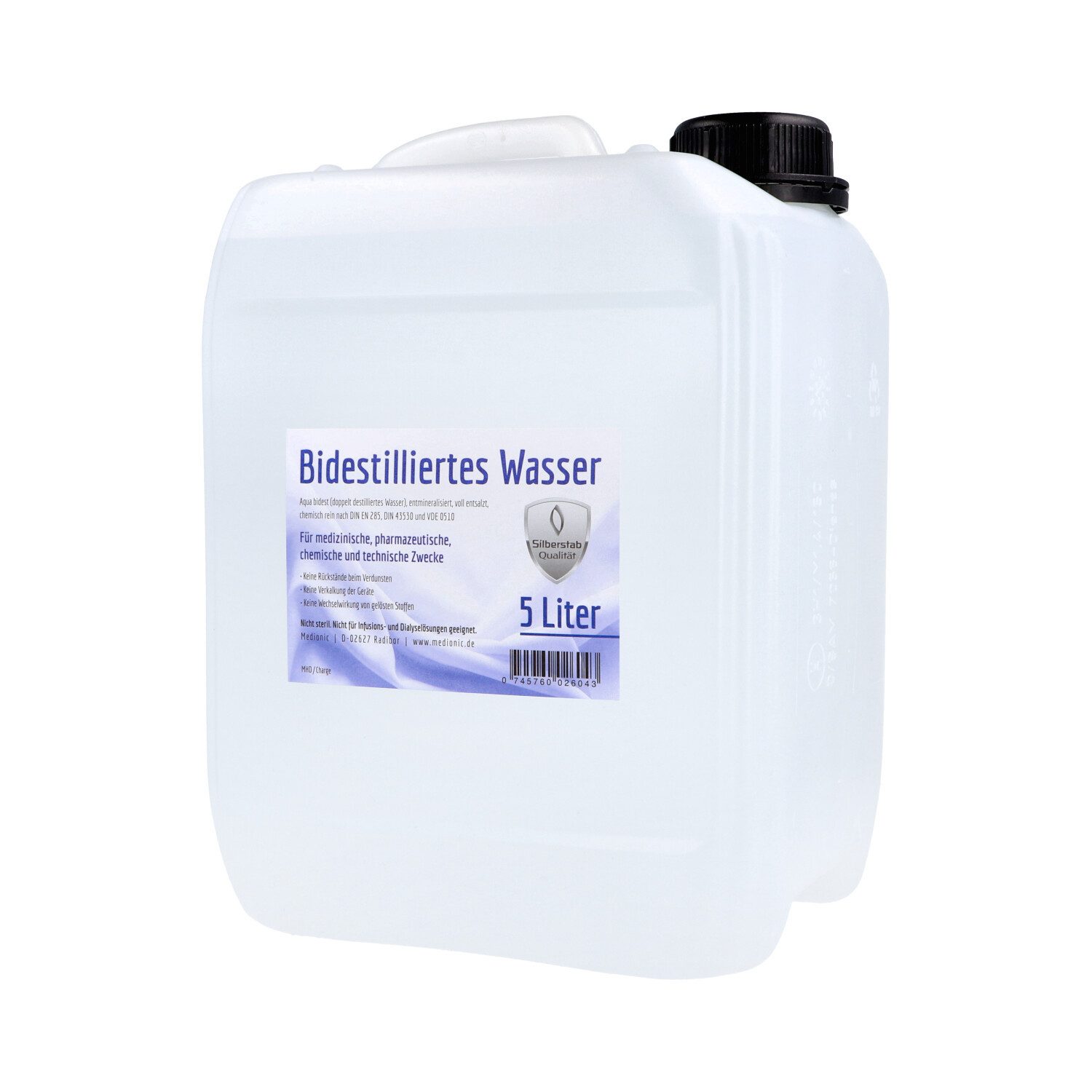 Medionic Дистиллированная вода Bidestilliertes Wasser, Aqua bidest, 5 Liter, Chemisch rein nach DIN EN 285, DIN 43530 und VDE 0510