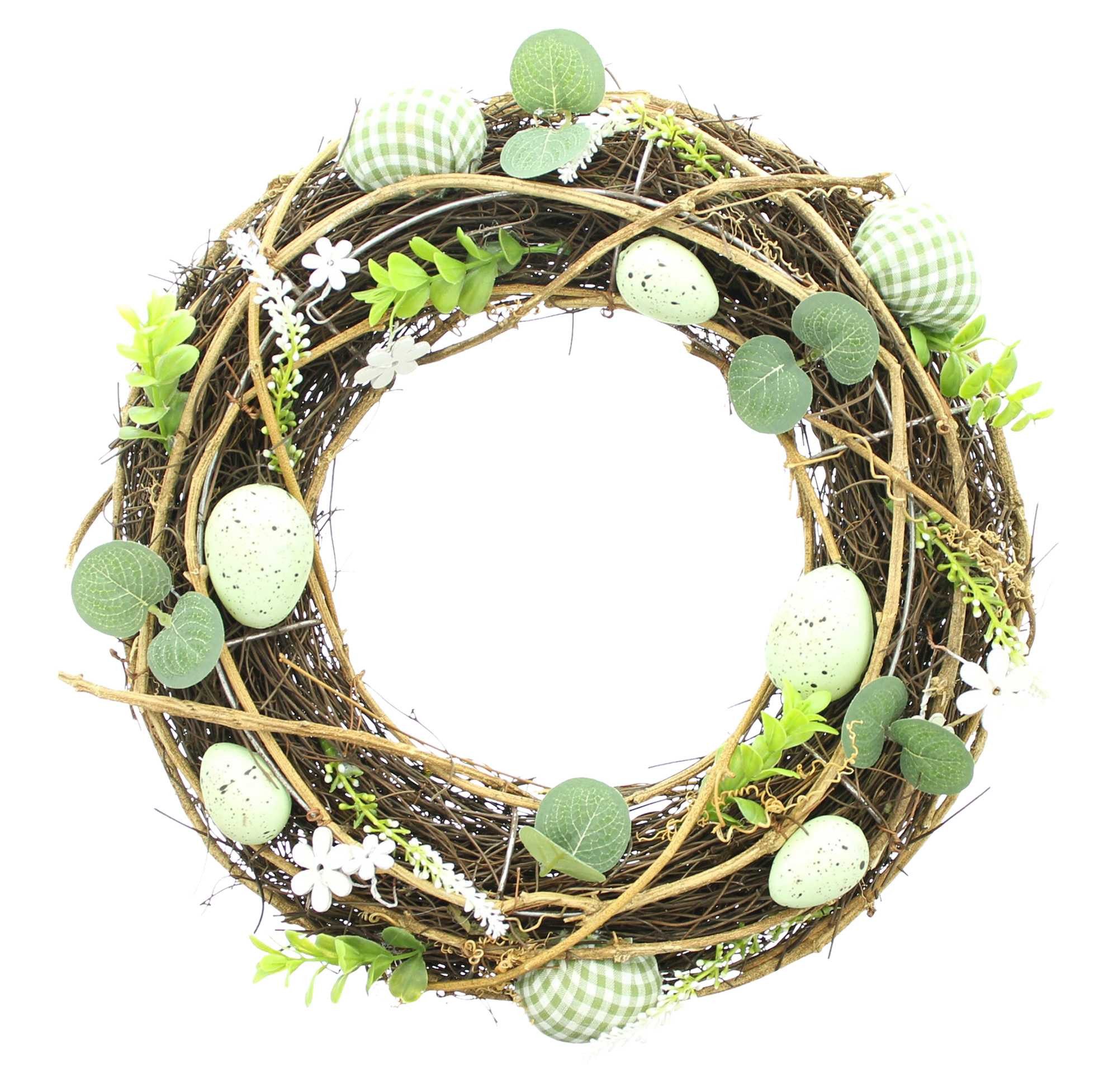 Osterkranz "Frühlingsgrün" Ø 34 cm, Dekokranz mit Ostereiern, Blumen & Blättern