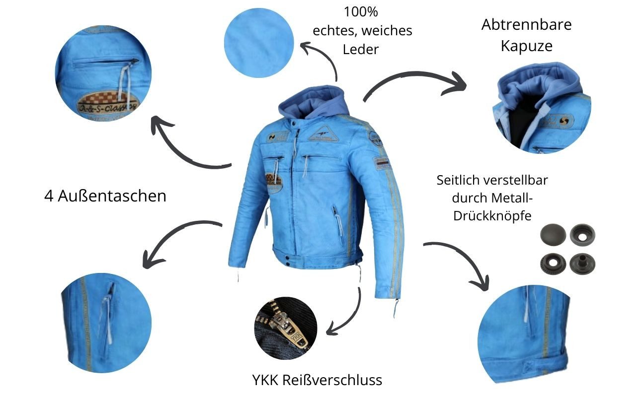 Alpha Speeds Motorradjacke - /Freizeit Herren Lammlederjacke Bikerjacke Highway 11 (Abnehmbares Innenfutter und Kapuze, (NEUE VERSION 2025) Aus weichem Lammleder, inkl. einsetzbarer Protektoren