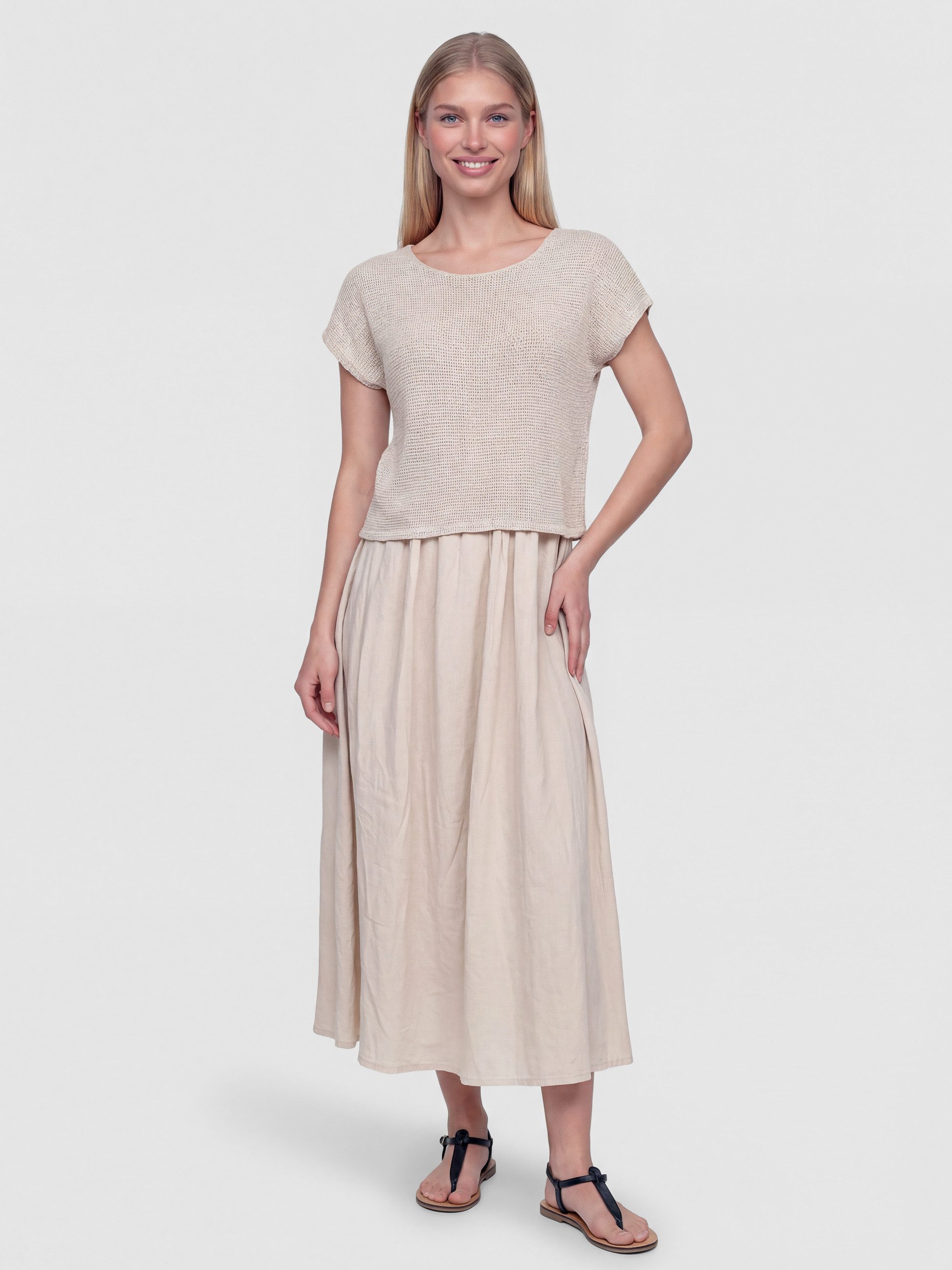 PEKIVESSA Sommerkleid Lässiges Midikleid im angesagten Lagen-Look aus Baumwolle-Leinen-Webstoff