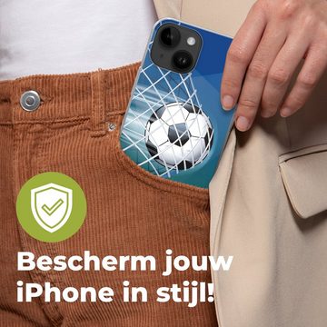 MuchoWow Handyhülle Eine Illustration eines Fußballs im Netz - Jungen - Mädchen - Kinder, Handyhülle Telefonhülle Apple iPhone 14
