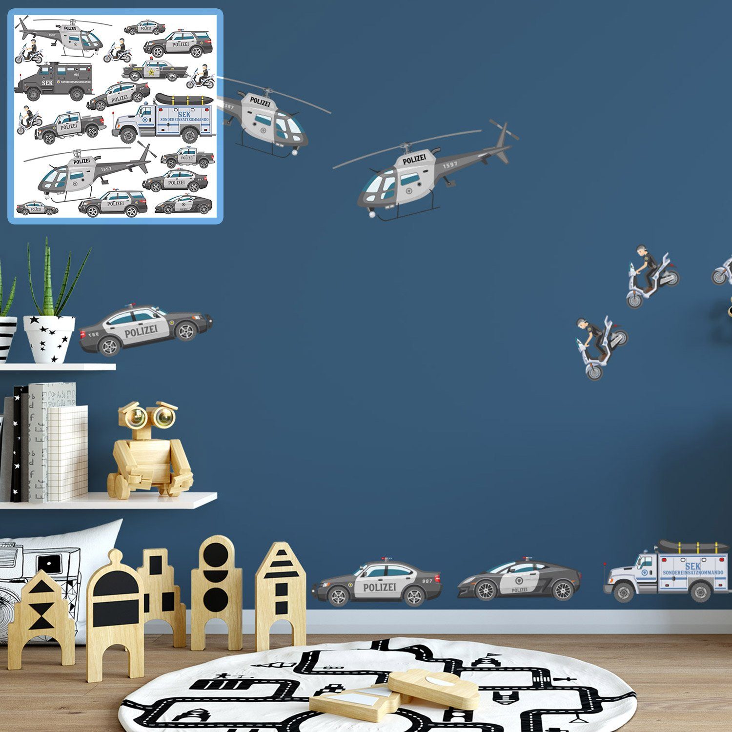 Sunnywall Wandtattoo XXL Wandtattoo Polizei Set Kinderzimmer Aufkleber