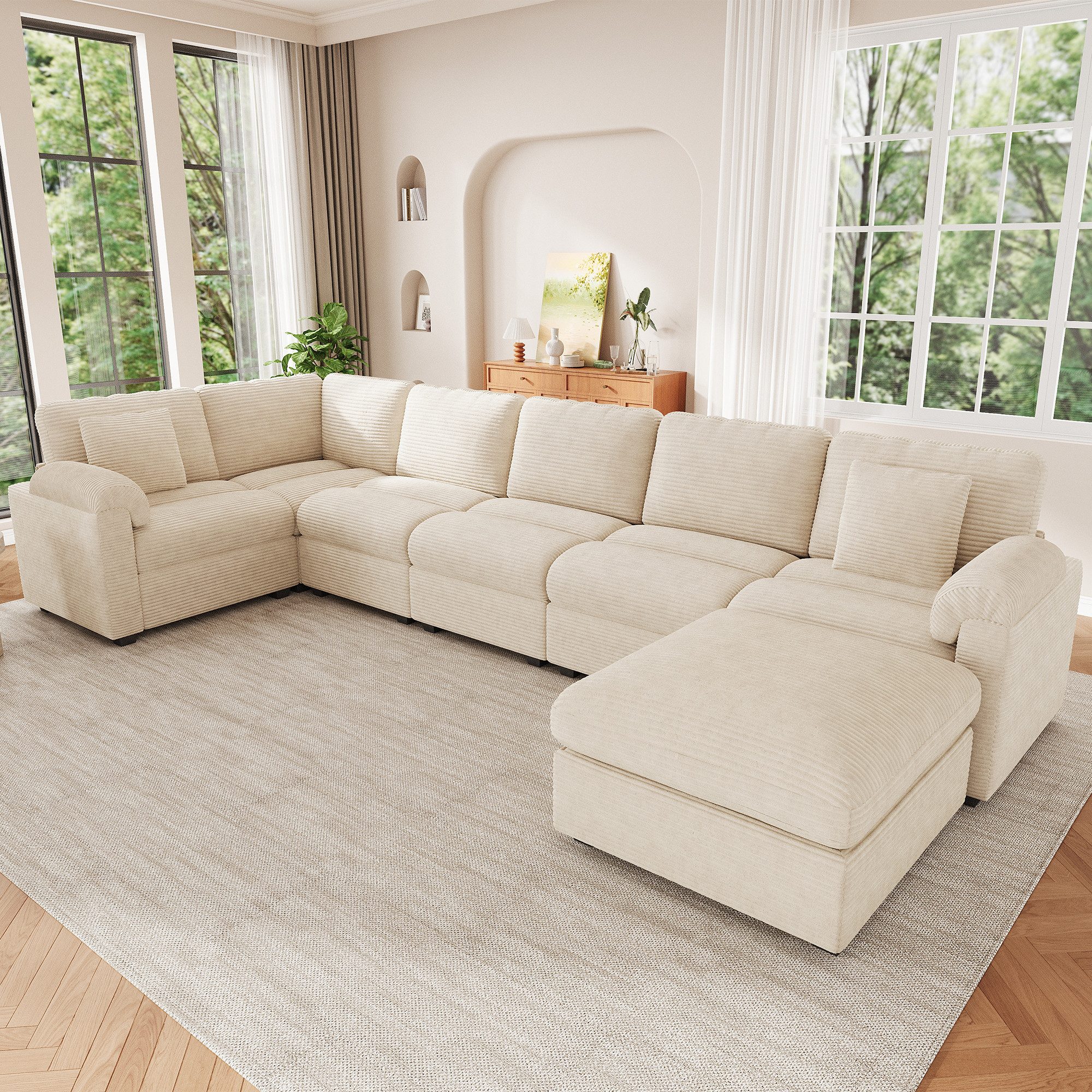 Merax Ecksofa XXL U-/L-Form Modulsofa 7-Sitzer Sofa mit Hocker, 274,5 x 210,5 x 85,5 cm 1 Teile, Cord Ecksofa Wohnlandschaft mit Kissen, flexibel kombinierbar Couch