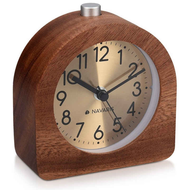 Navaris Wecker Analog Holz Wecker mit Snooze - Retro Uhr Halbrund mit Ziffernblatt Gold Alarm Licht - Leise Tischuhr ohne Ticken - Naturholz