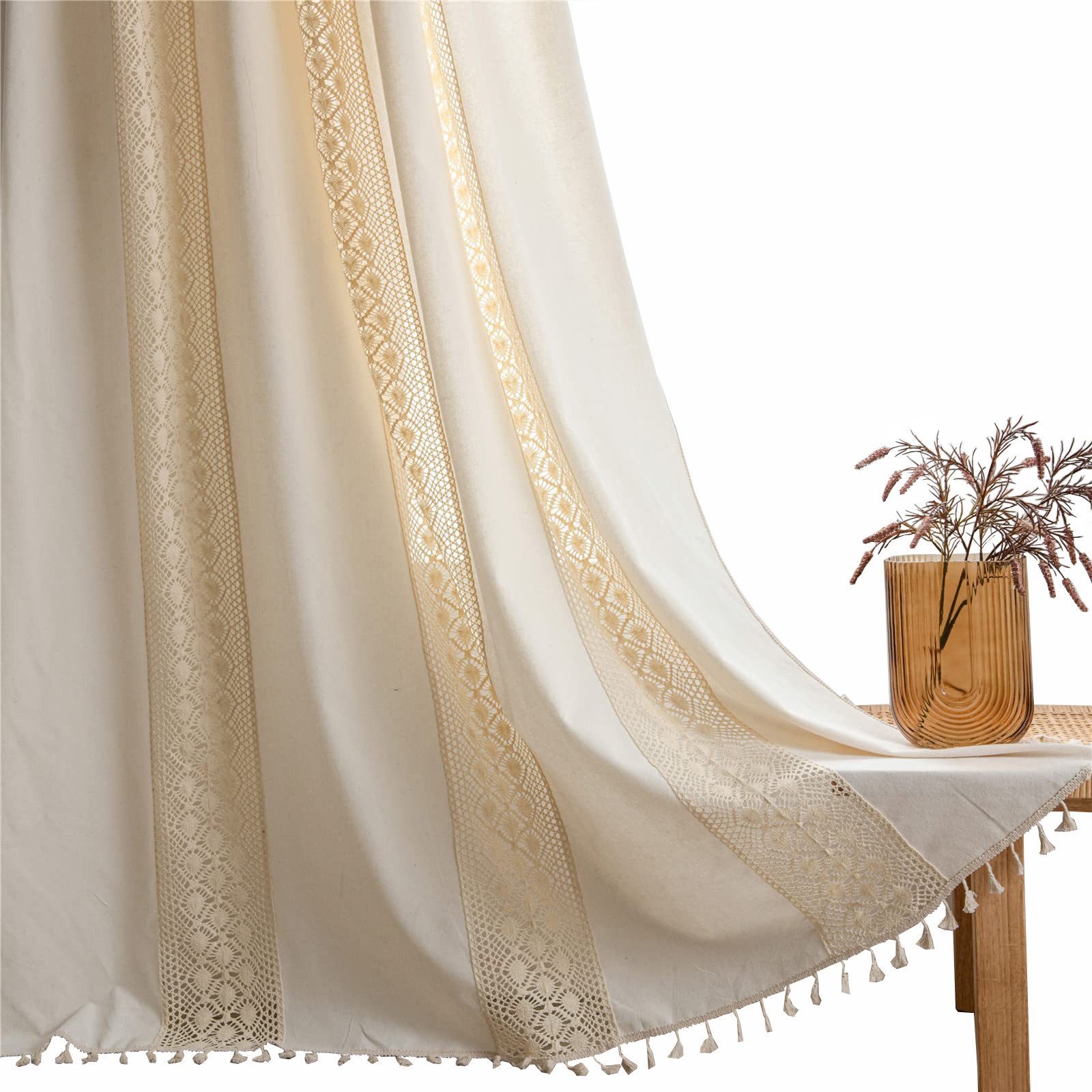 Agger Vorhang Boho-Vorhänge, beige Lochmuster-Gardine, Vintage-Landhausstil-Vorhänge, Fransen-Vorhänge