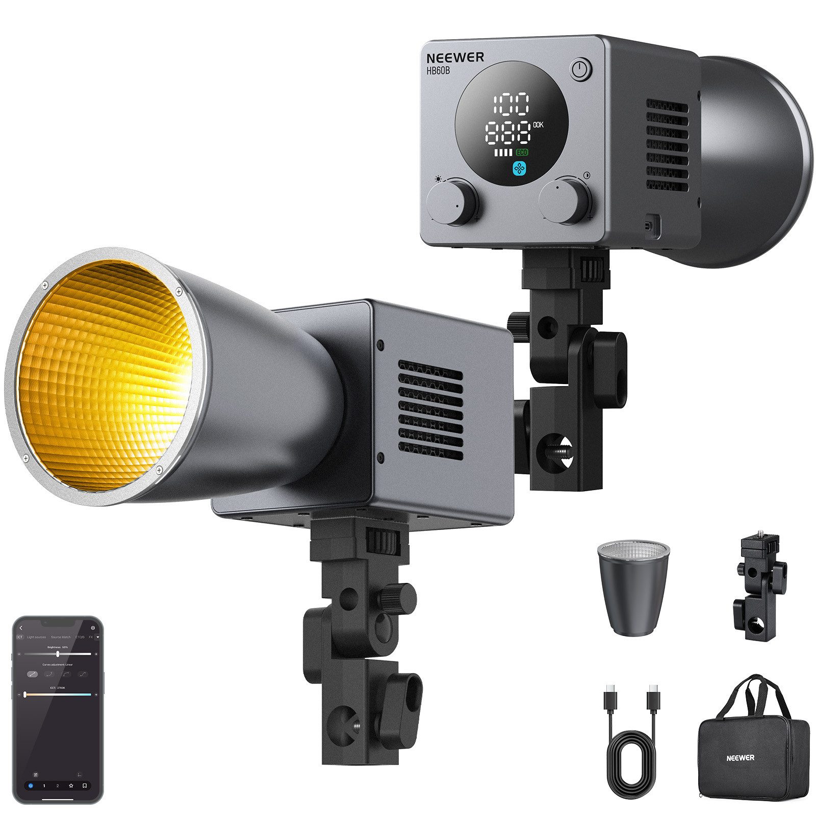Neewer Videoleuchte HB60B 60W Mini LED Videoleuchte mit 50Wh Akku, 100W PD Schnellladung, APP/2,4G Steuerung, 2700-6500K CRI97+ 12 Szenen COB Studio Dauerlicht