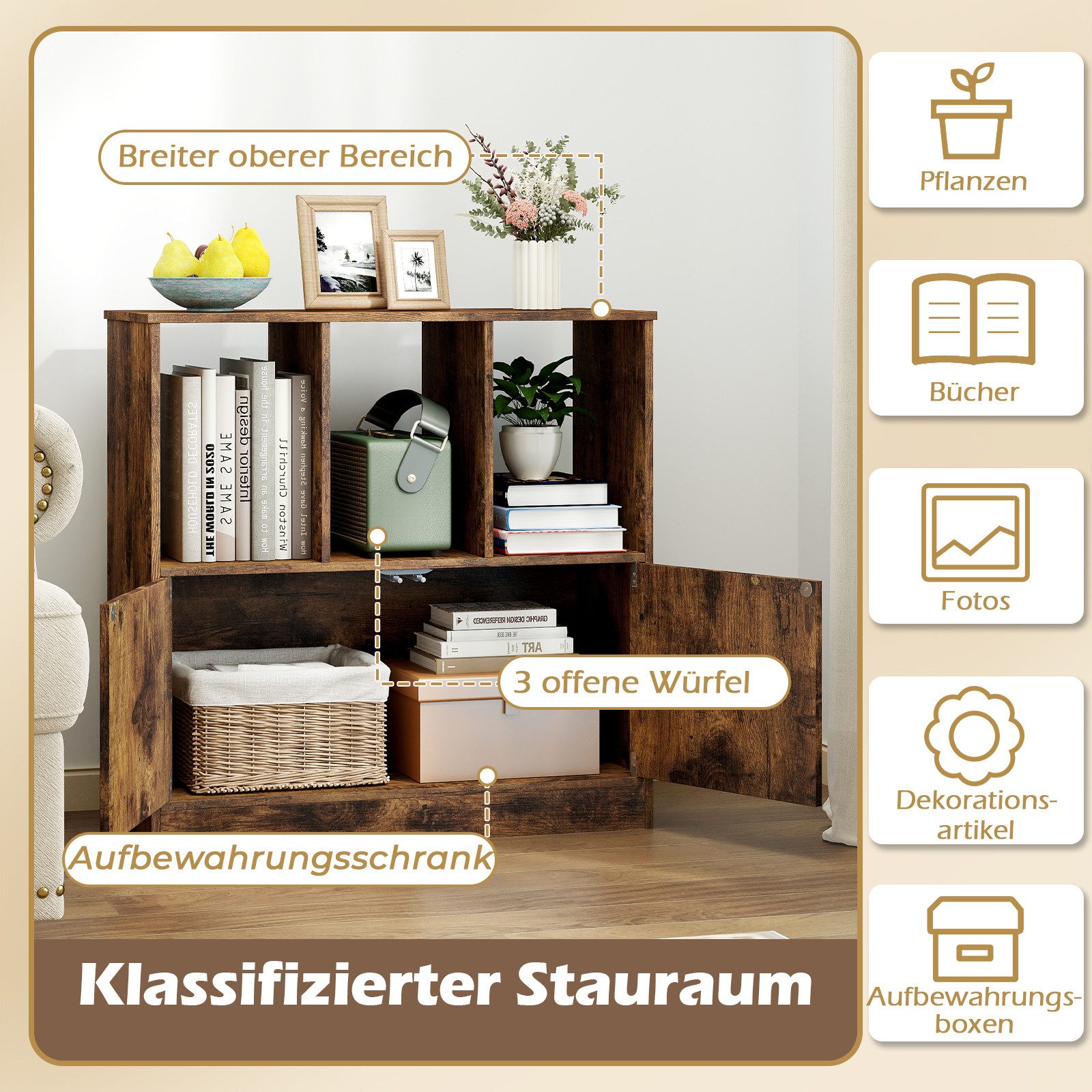 COSTWAY Bücherregal Standregal Würfelregal mit 3 Fächern & Tür, Holz 70x30x70cm – Bild 3 von 5