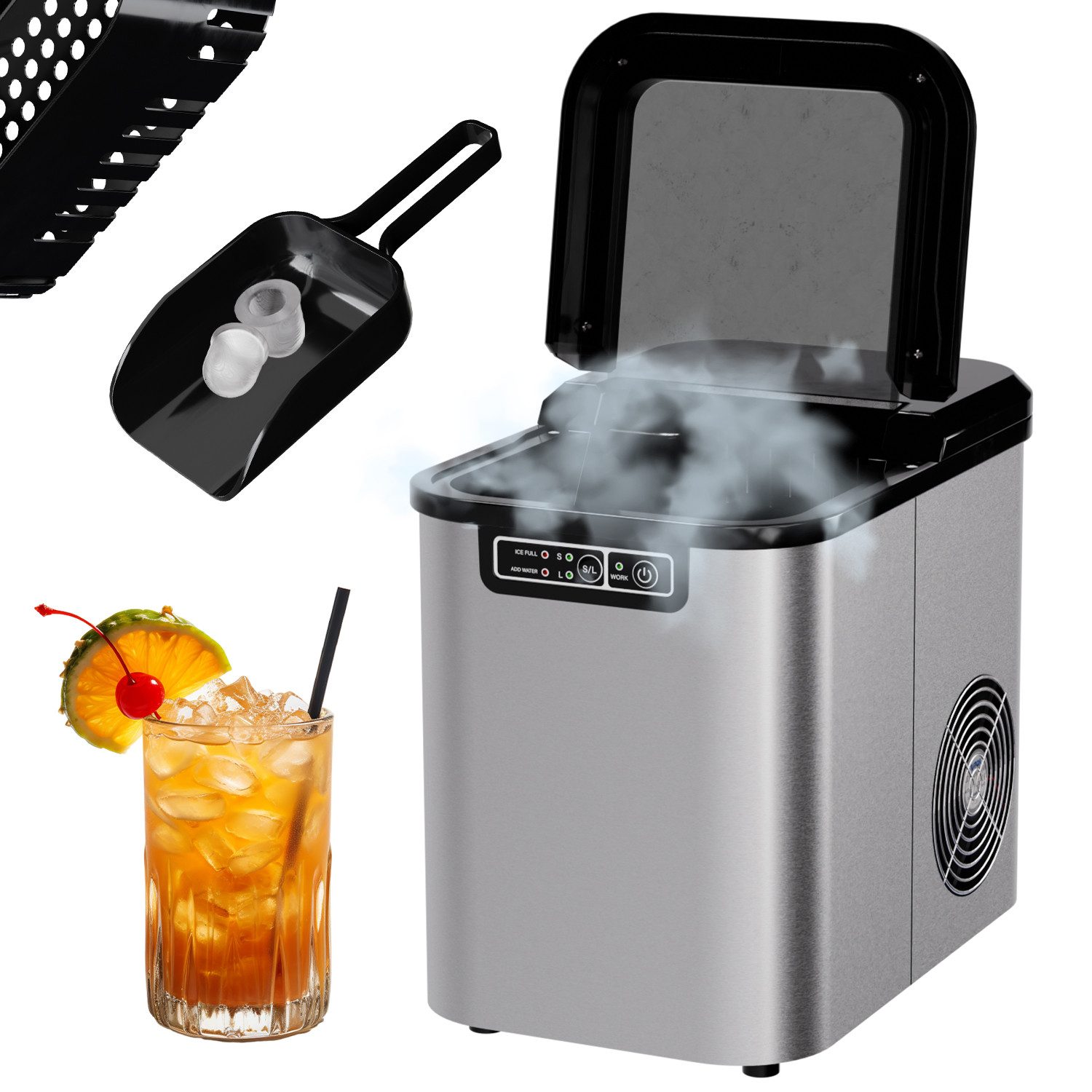 TroniTechnik Eiswürfelmaschine Eiswürfelmaschine Ice Maker Eiswürfelbereiter inkl. Schaufel, Behälter, 2,2 Liter Wassertank, 12kg/24h, Würfelgrößen S/L, 150W, silber