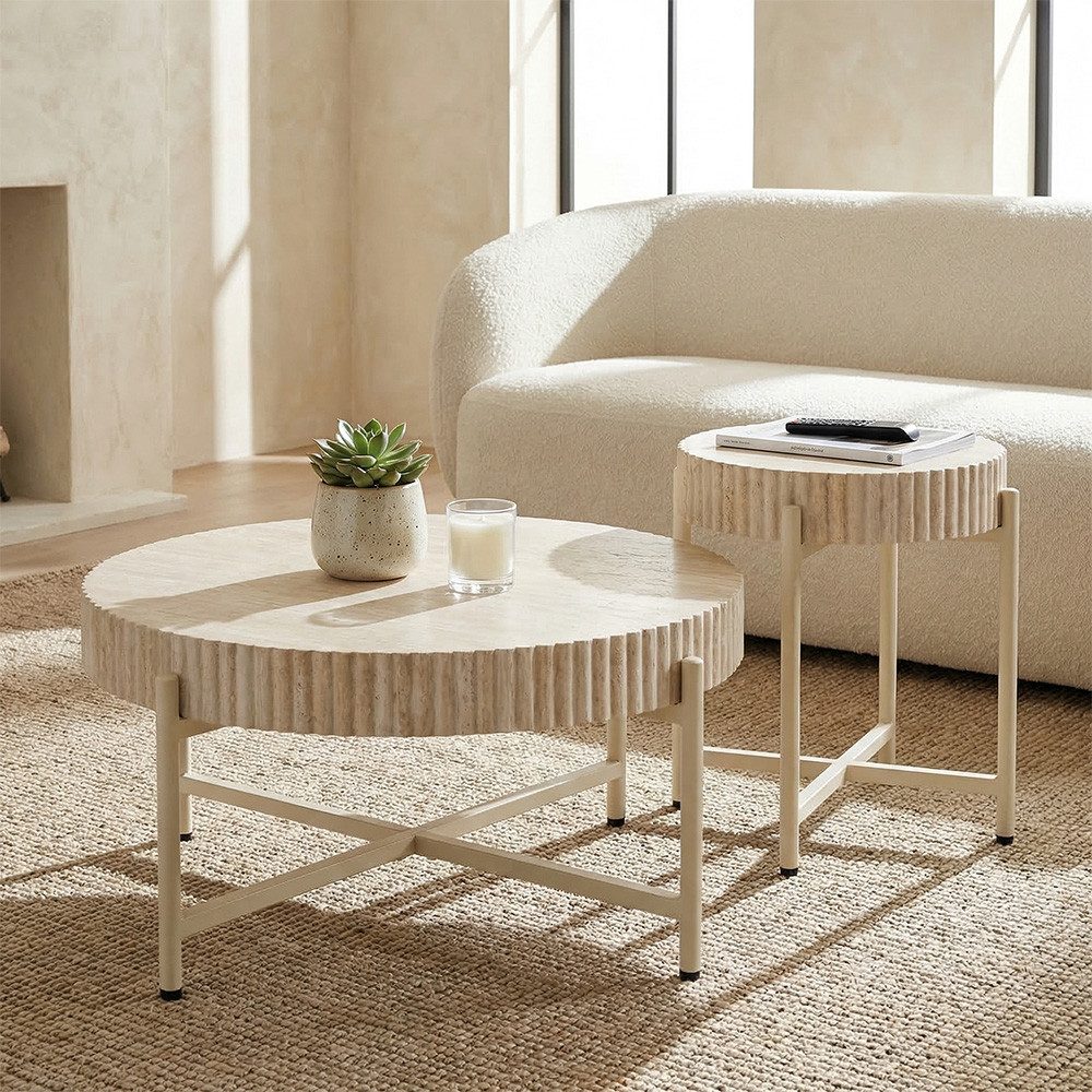 PPkrimnel Couchtisch Beistelltisch 2er-Set, Travertin-Optik, 70x36cm & 40x46cm (2-St), Metallrahmen für Wohnzimmer, Schlafzimmer und Büro