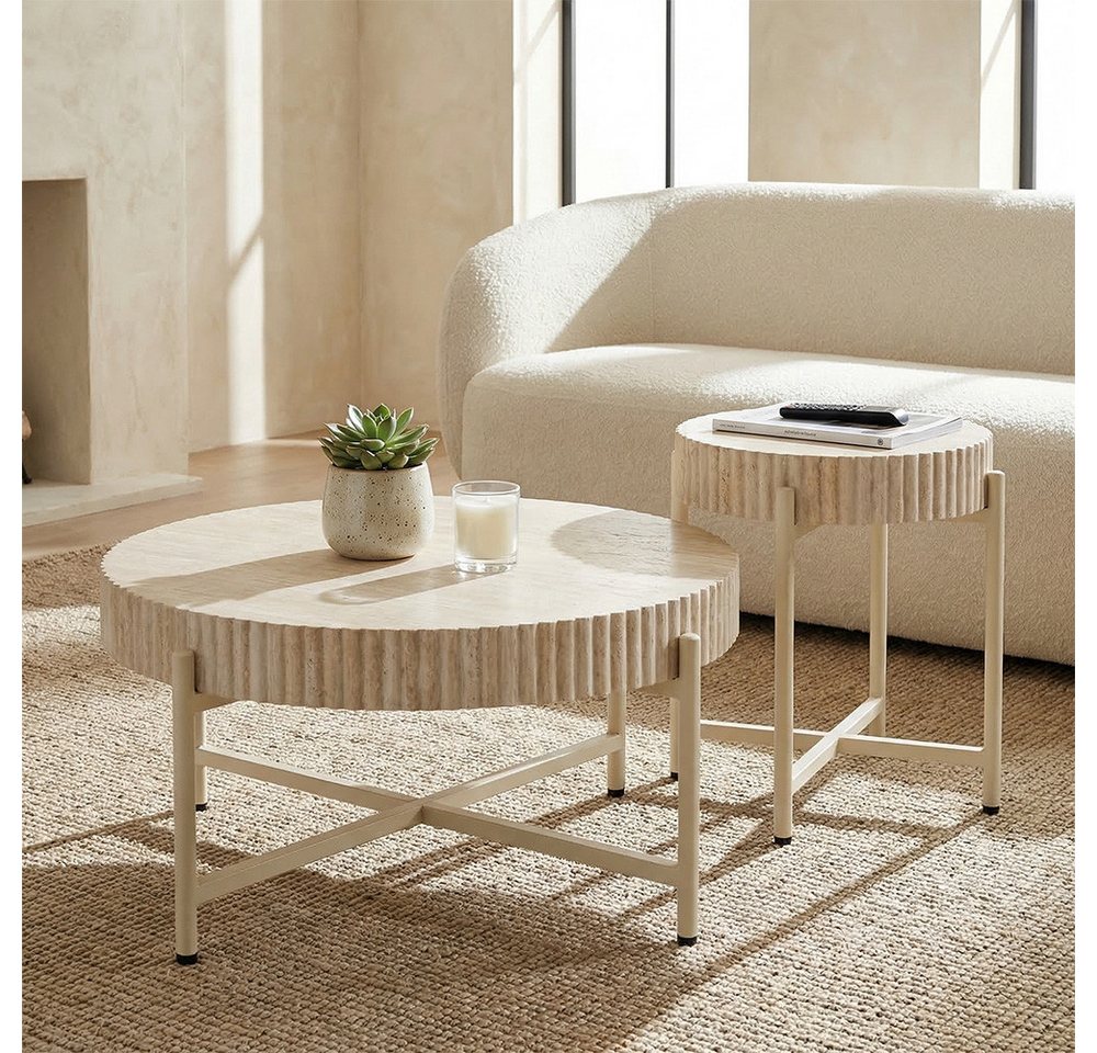 PPkrimnel Couchtisch Beistelltisch 2er-Set, Travertin-Optik, 70x36cm & 40x46cm (2-St), Metallrahmen für Wohnzimmer, Schlafzimmer und Büro