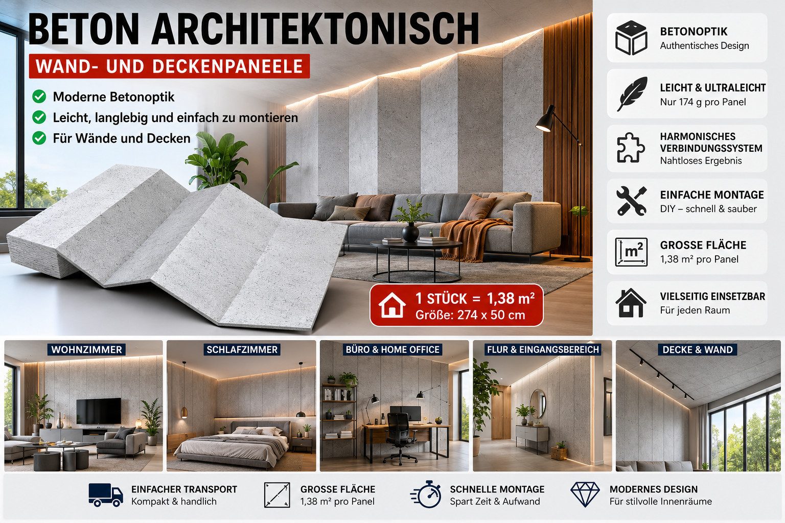 IKHEMalarka Wandpaneel Betonoptik XXL, 1,38 m², 274 x 50 cm, Faltbares Styropor Schaum - Wand, BxL: 5x274 cm, 1,38 qm, (1,38 m², 1,38 m), Sichtbeton Wandverkleidung, Nahtlose Optik / 5mm stärke