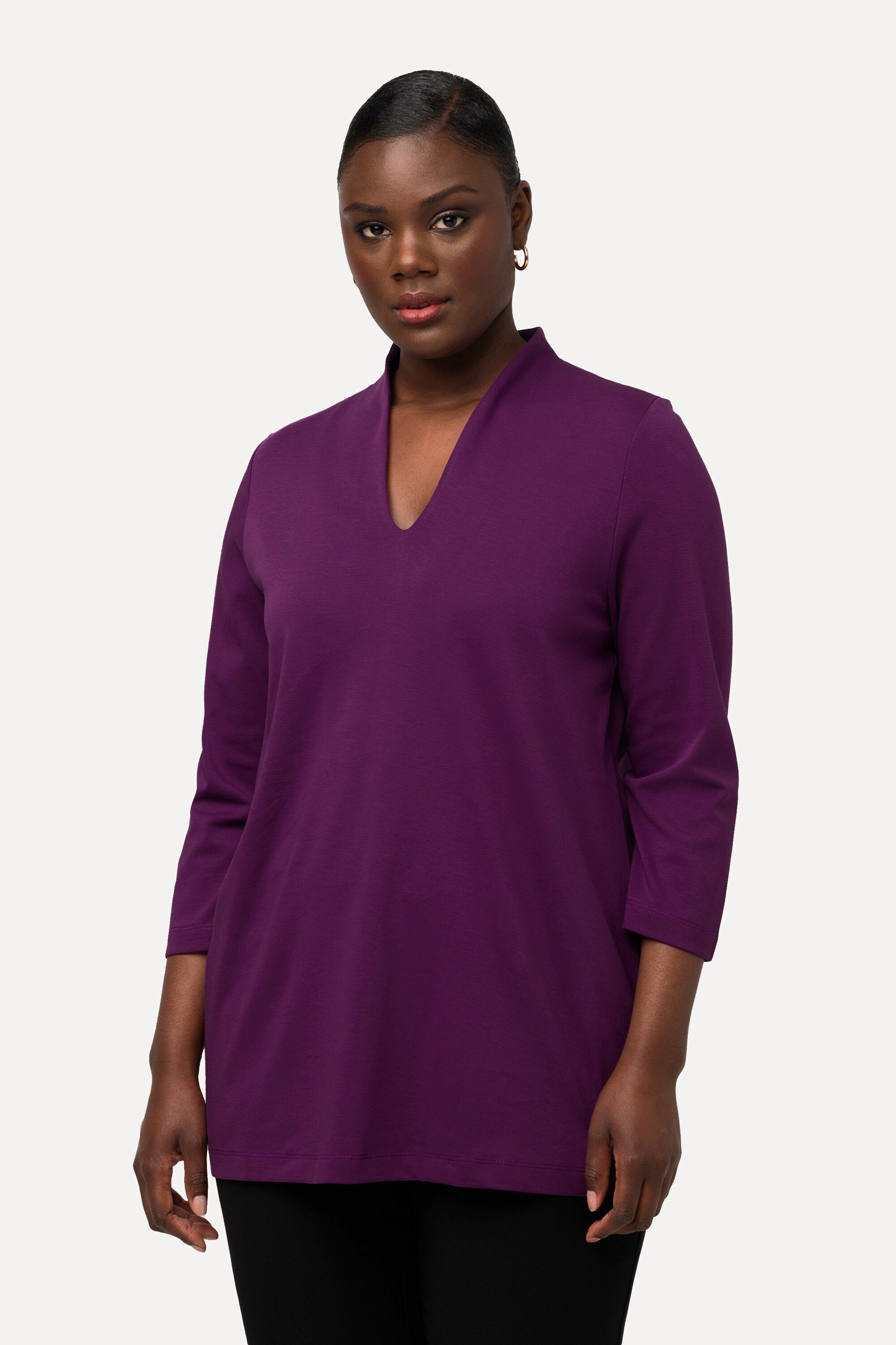 Kelchkragen Pima A-Linie Rundhalsshirt Ulla bordeauxviolett Popken Cotton 3/4-Arm Shirt