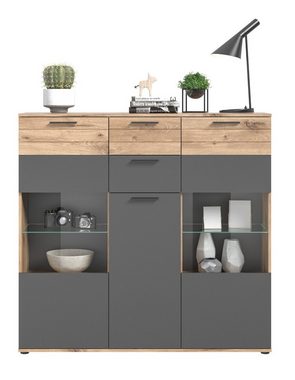 Highboard Mason (Schrank in Eiche mit grau, 3-türig 2 Schubladen BxH 140 x 137 cm), mit Soft-Close