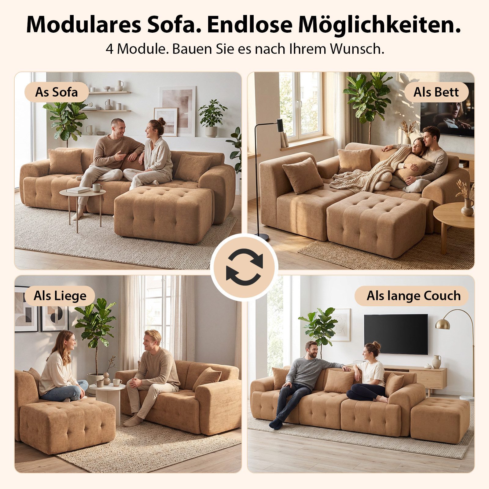 COMHOMA Sofa Ecksofa, Modulares Sofa, 2 Sitzer Bodensofa Couch mit Kissen Armlehne, für Wohnzimmer, vakuumverpackt