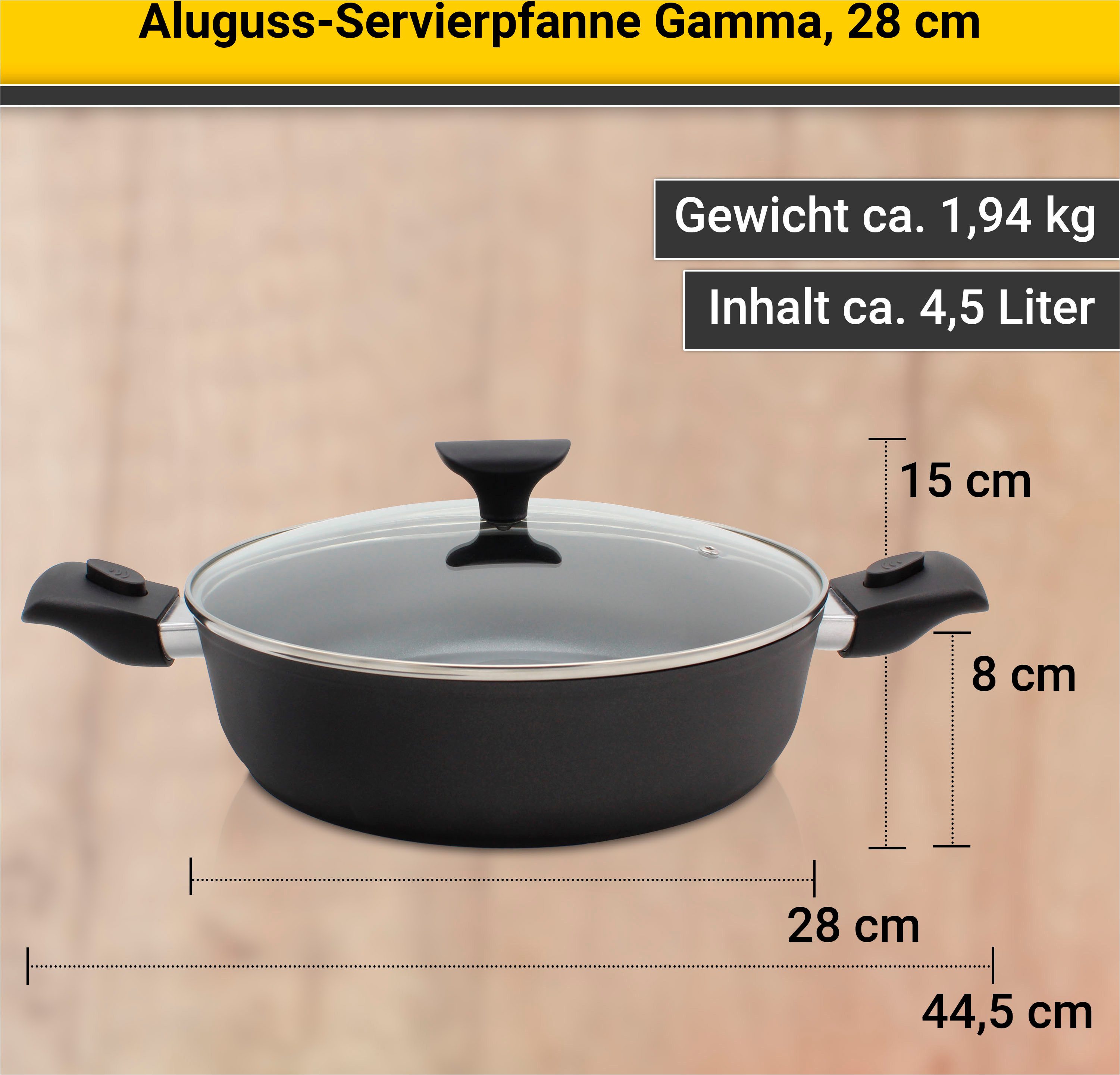 Krüger Servierpfanne Aluguss Pfanne GAMMA mit Glasdeckel, 28 cm, mit abnehmbaren Griffen, Aluminiumguss, für Induktions-Kochfelder geeignet, auch als Schmorpfan – Bild 5 von 5