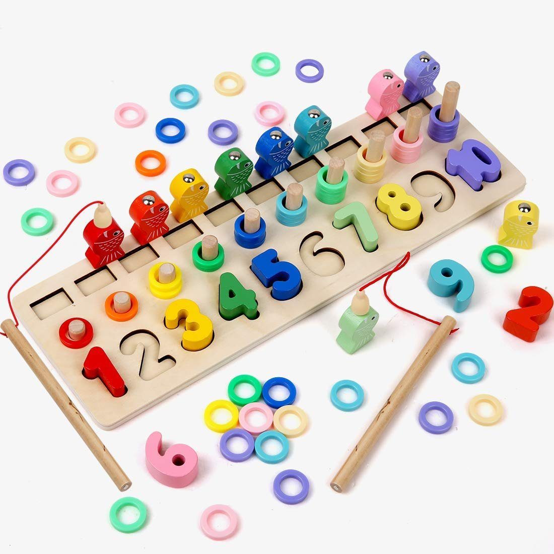 Montessori Educational Holz Anzahl Puzzle Farben Stapeln & Angeln Spielzeug 