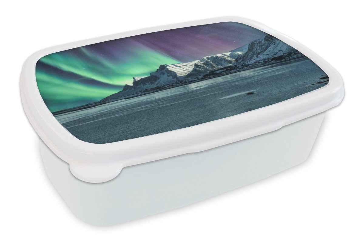 MuchoWow Lunchbox Nordlichter - Schnee - Norwegen, Kunststoff, (2-tlg), Brotbox für Kinder und Erwachsene, Brotdose, für Jungs und Mädchen weiß