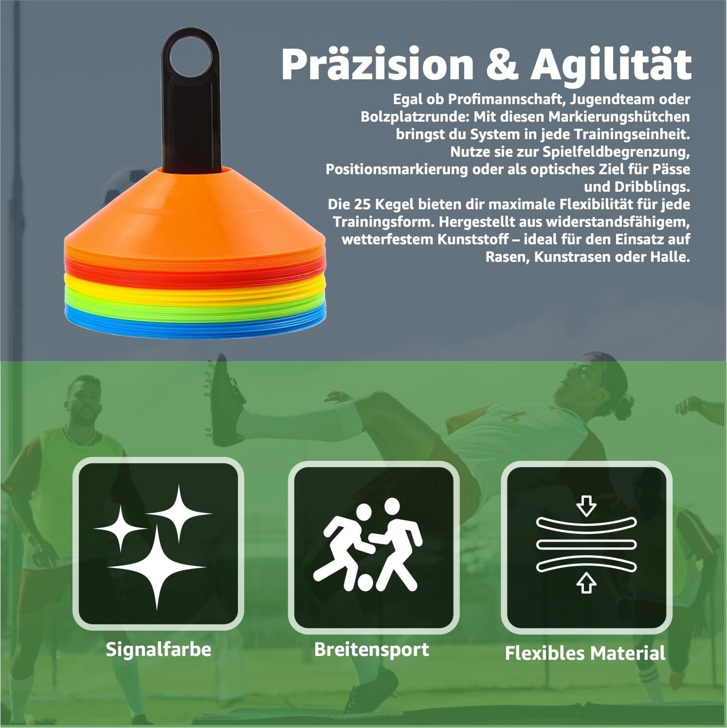 Sportyfits® Markierungshütchen 20x Markierungshütchen Hütchen für Slalom Trainingszubehör Sport (20er Set, 20 St., 20 Hütchen in 5 verschiedenen Farben), Flexibles Material / inkl. Halterung