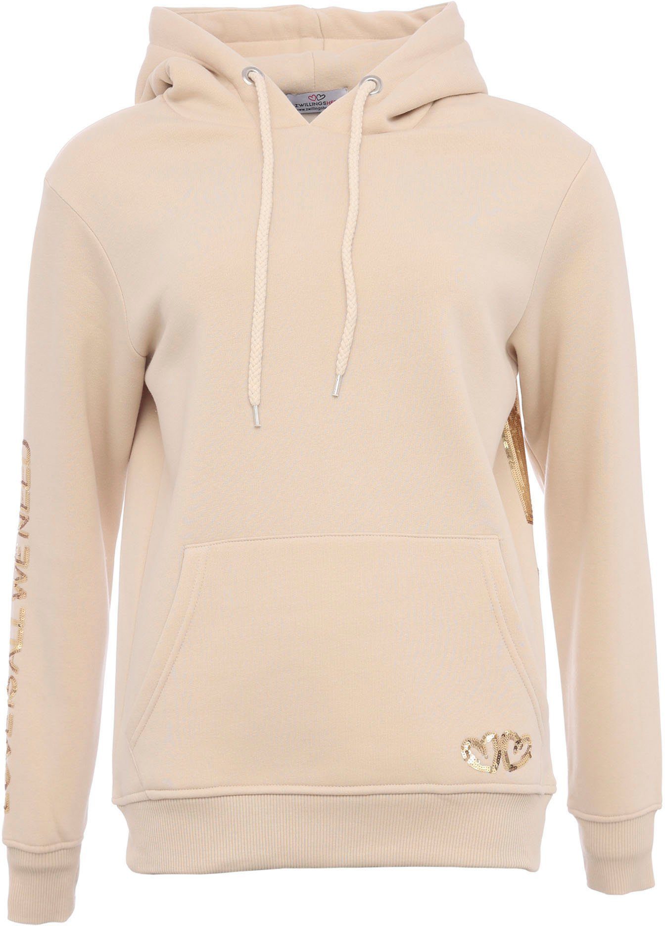 Zwillingsherz Hoodie Pailletten-Schriftzüge beige