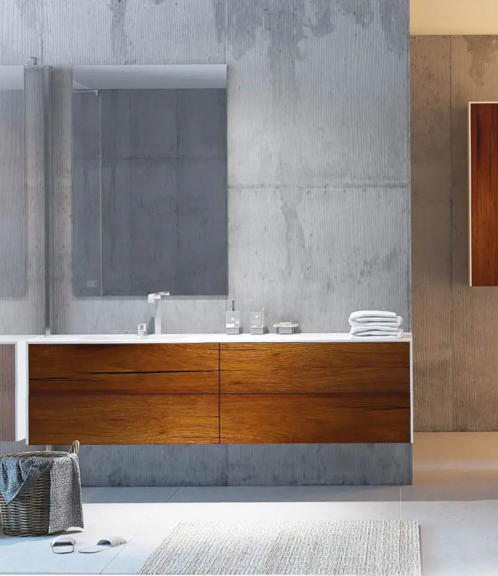 Henneke Waschtisch Corian® WoodOne+ mit Becken links eckig und Unterschrank zweireihig