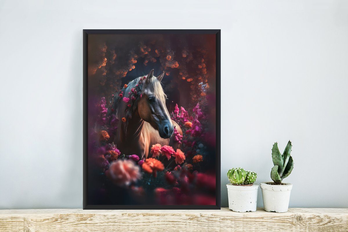 Kunstdruck, Bilderrahmen Gerahmtes - Tiere, St), Pferd Orange Poster Lila Blumen Schwarzem Poster, Rahmen, (1 mit - MuchoWow - -