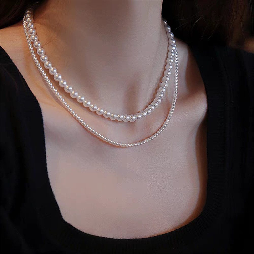 MOPUEA Perlenketten-Set 3/6mm, 40/45cm Perlenketten-Set Damen Perlenkette 2-reihig Halsketten (Französischer Stil aus Süßwasserperlen Kette mit Anhänger Freundin Geschenk, Hochzeit Halsketten Braut Kristall Kette Schmuck), Brautschmuck Zwei separate Verschlüsse für Einzel- und Layering-Look