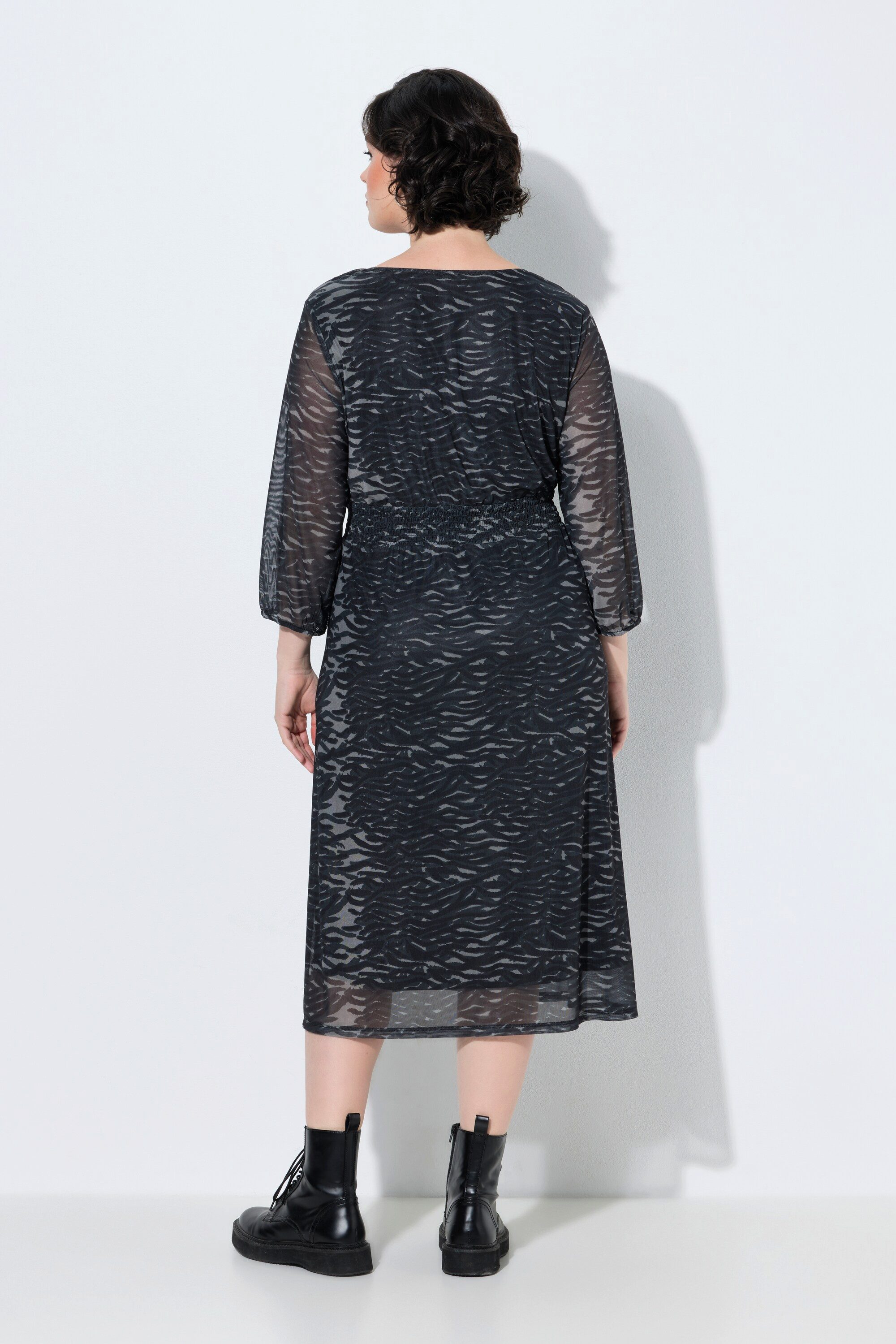 Ulla Popken Midikleid Midi-Meshkleid Zebramuster V-Ausschnitt 3/4-Arm
