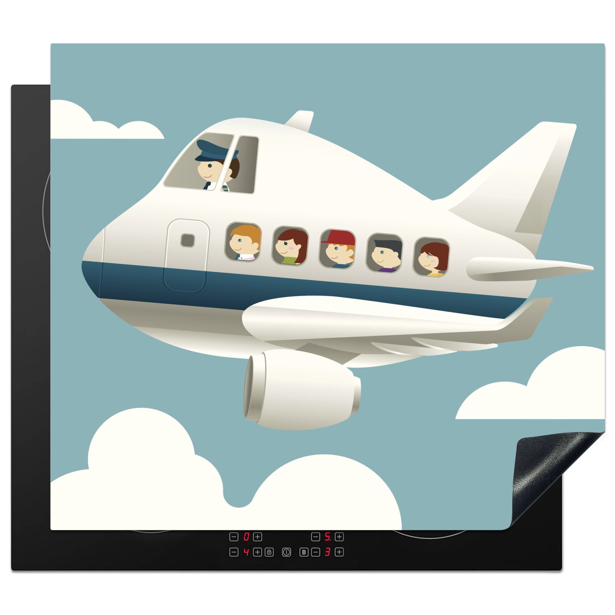MuchoWow Herdblende-/Abdeckplatte Eine Illustration eines Piloten mit Passagieren in einem Flugzeug, Vinyl, (1 tlg), 57x51 cm, Induktionsschutz, Induktionskochfeld, Ceranfeldabdeckung