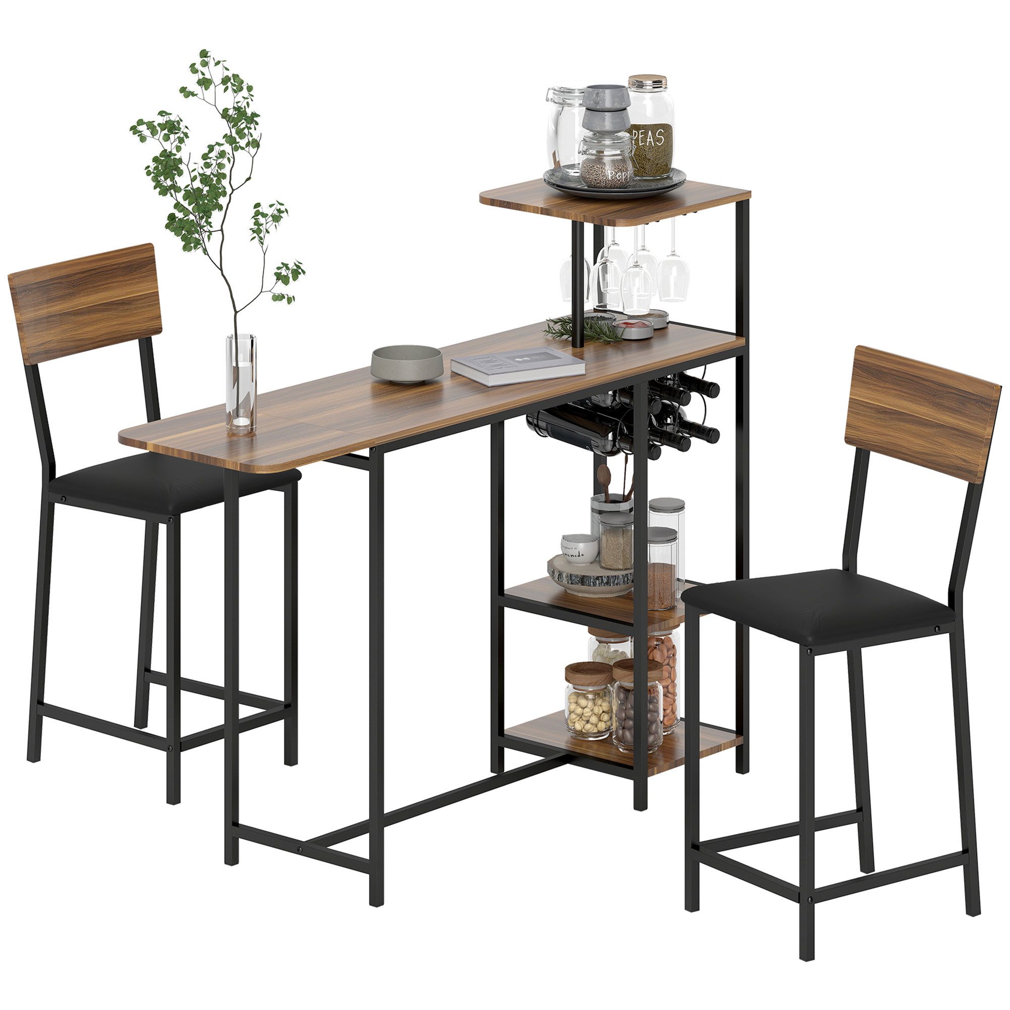 HOMCOM Bargruppe mit klappbar Küchentisch, Weinglashalter, Ablage, 2 Barstühlen, (Bartisch mit Barhocker Set, 3-tlg., Bartisch-Set), im Modern-Stil, für Esszimmer, Küche, Stahl, Braun