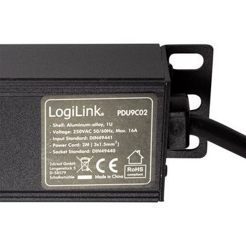 LogiLink PDU9C02 Steckdosenleiste 9-fach (Ein-/Ausschalter, Schutzkontakt DIN 49 440, Überspannungsschutz, Schutzkontaktstecker (CEE7/7), Kabellänge 2 m), 9-fach CEE7/3 rackeinbaufähig