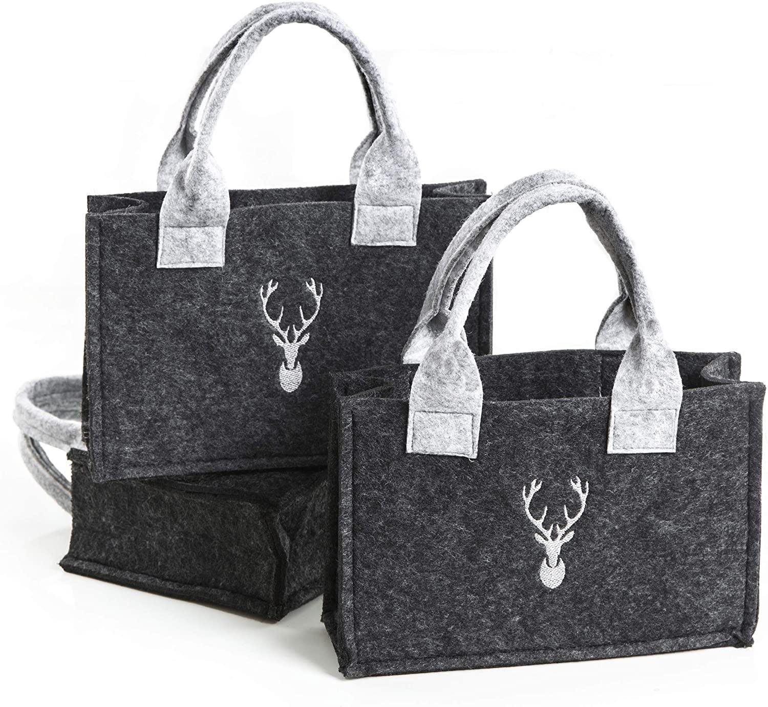 Geschenkbox 3 dunkelgraue Filztaschen mit Hirsch 19,5x13x5cm