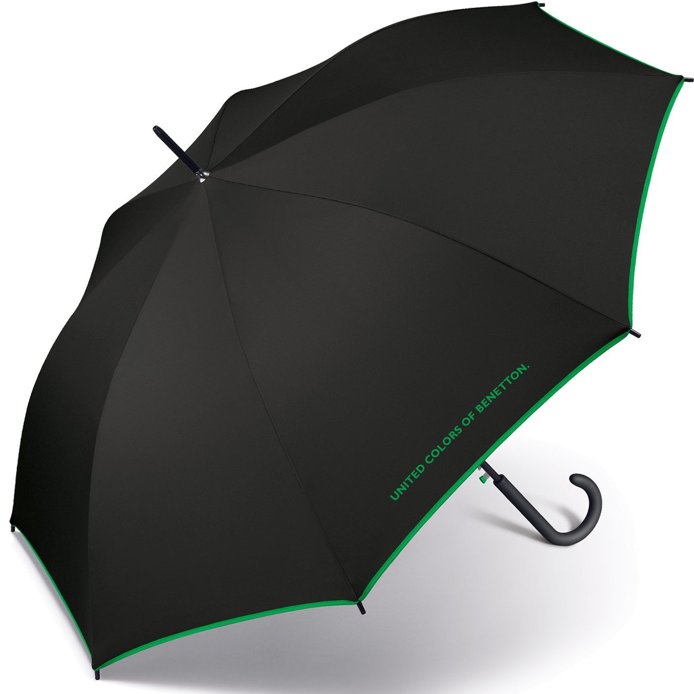 United Colors of Benetton Langregenschirm großer Schirmrand und Regenschirm mit einfarbig Logo, am Kontrastfarben Auf-Automatik schwarz mit