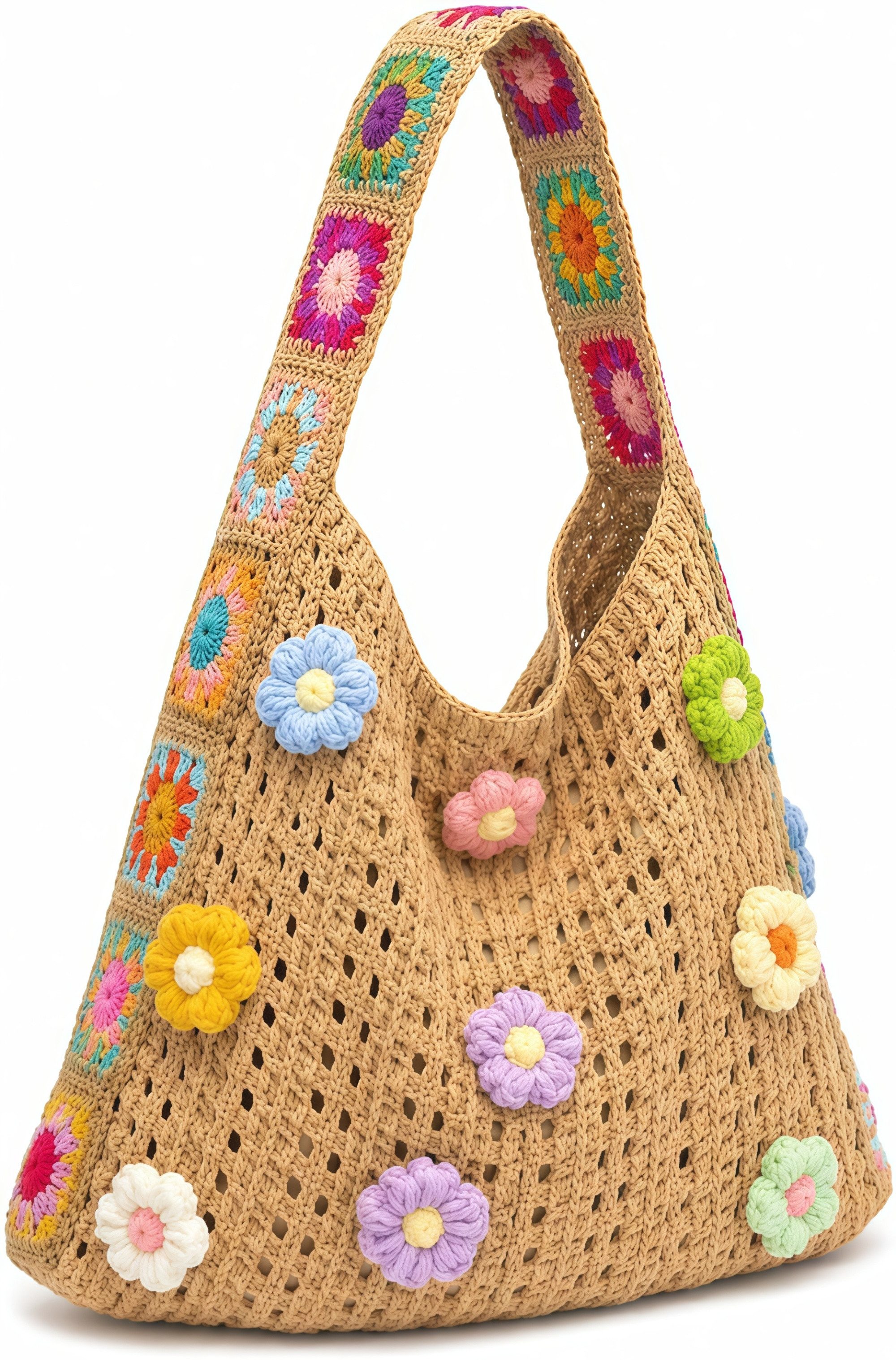 FOUORTUNATE-BEE Schultertasche Damen Umhängetasche mit gehäkelten Blumen, groß & weich, Bunte Blumen-Tasche für Damen, ideal für Strand & Reise