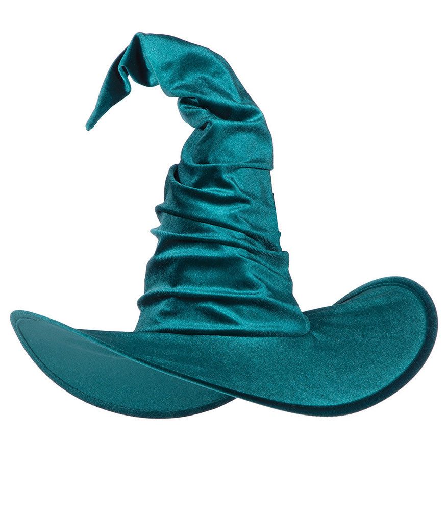 Karneval-Klamotten Kostüm Hexenhut Luxus Samt grün für Erwachsene, Hut Kopfbedeckung Damen Hexe hochwertig Halloween Party Zubehör