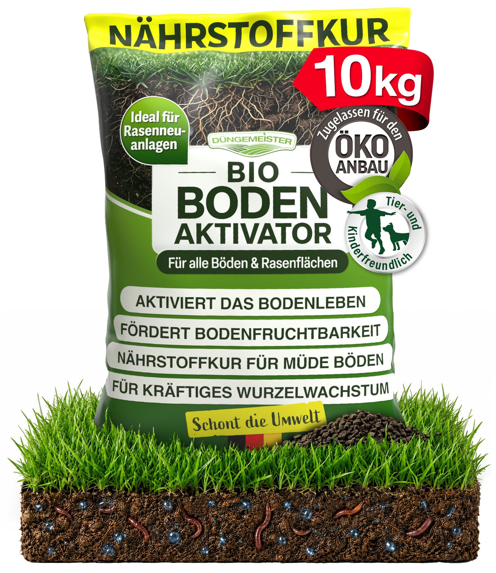 DÜNGEMEISTER Rasendünger Bodenaktivator, Granulat, Rasen, Neuanlage & Nachsaat wachsen schnell und sicher an